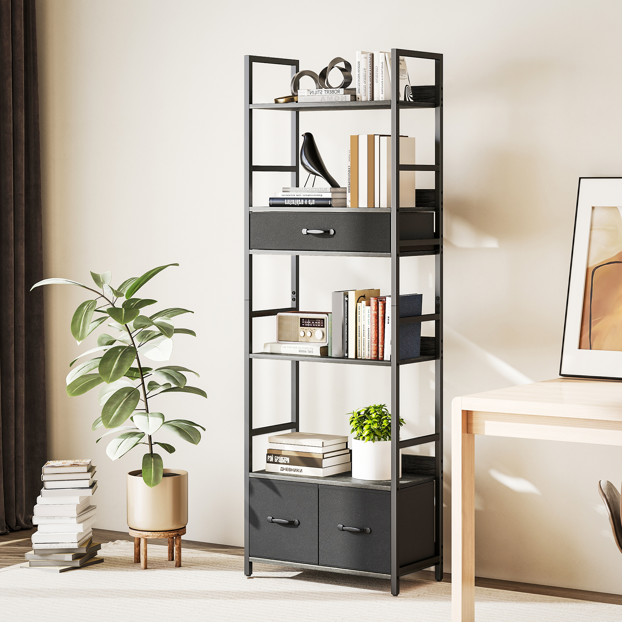 HOMCOM Industrial Style Bookcase, with 4 Shelves and 3 Fabric Drawers Grey/Black 2