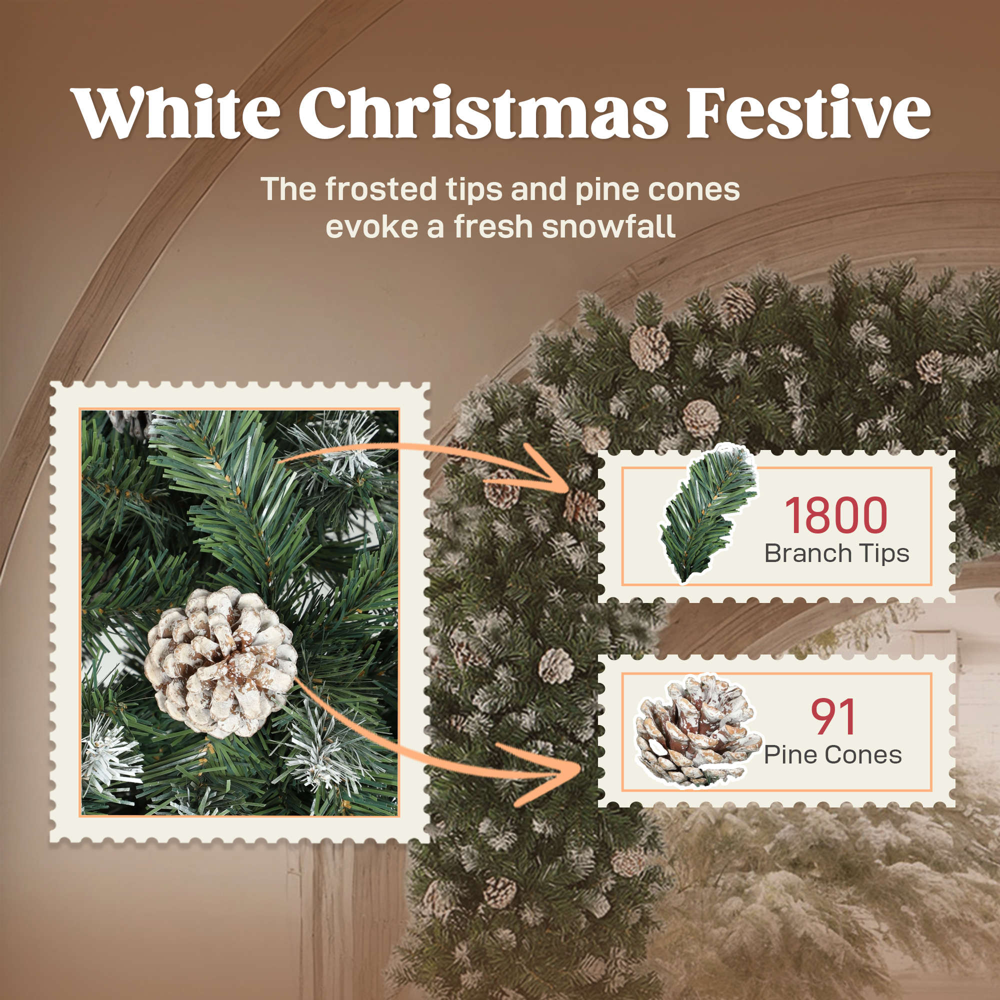 HOMCOM 8.2 ft Snow Frosted Christmas Tree Arch, Christmas Arch Doorway Decor with 1800 Tips and 91 Pinecones, Artificial Xmas Tree with Metal Stand for Indoor, Green 6