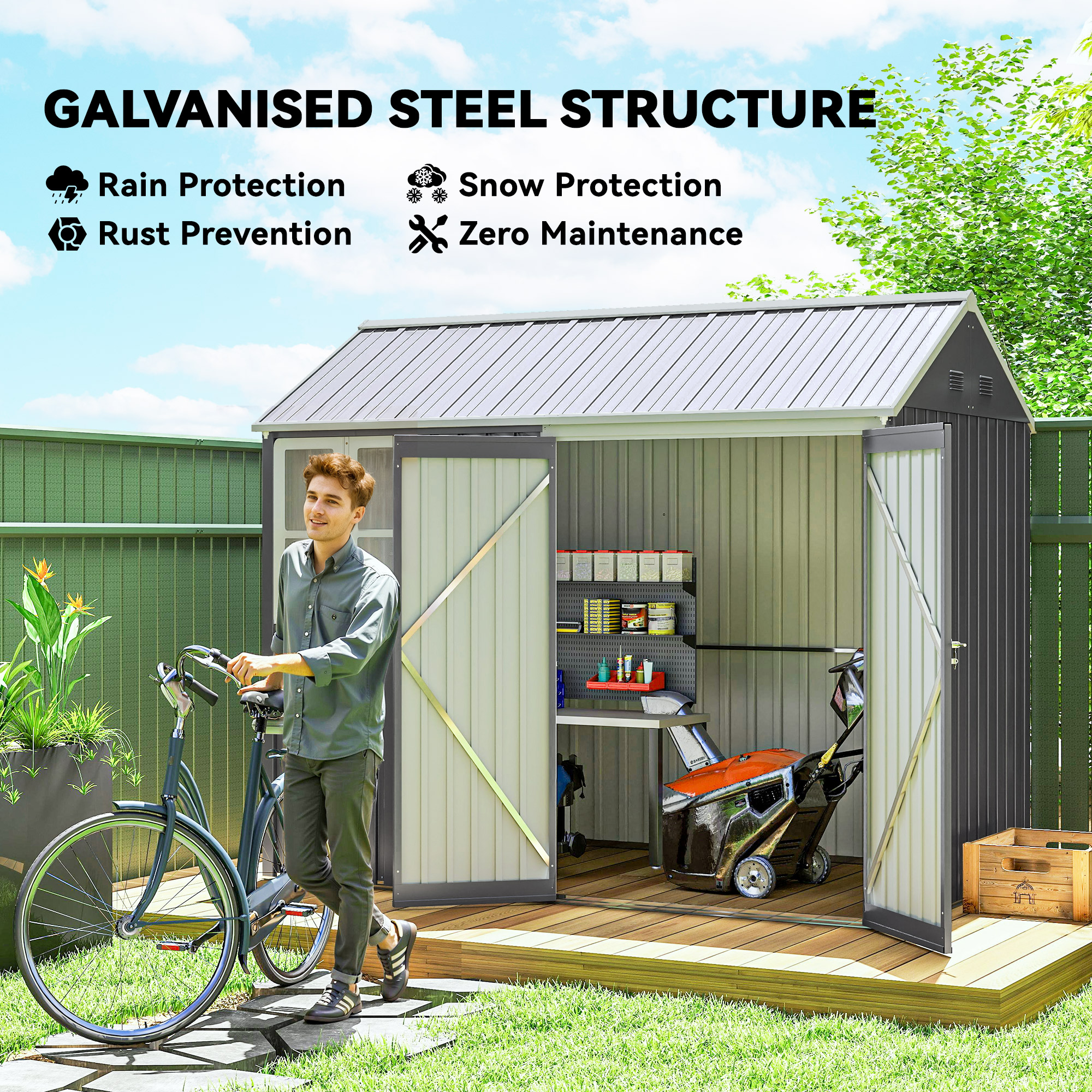 Outsunny 8 x 6 ft Galvanised Garden Shed, Outsoor Metal Storage Shed with Double Doors Window Air Vents for Patio, Lawn, Grey 4