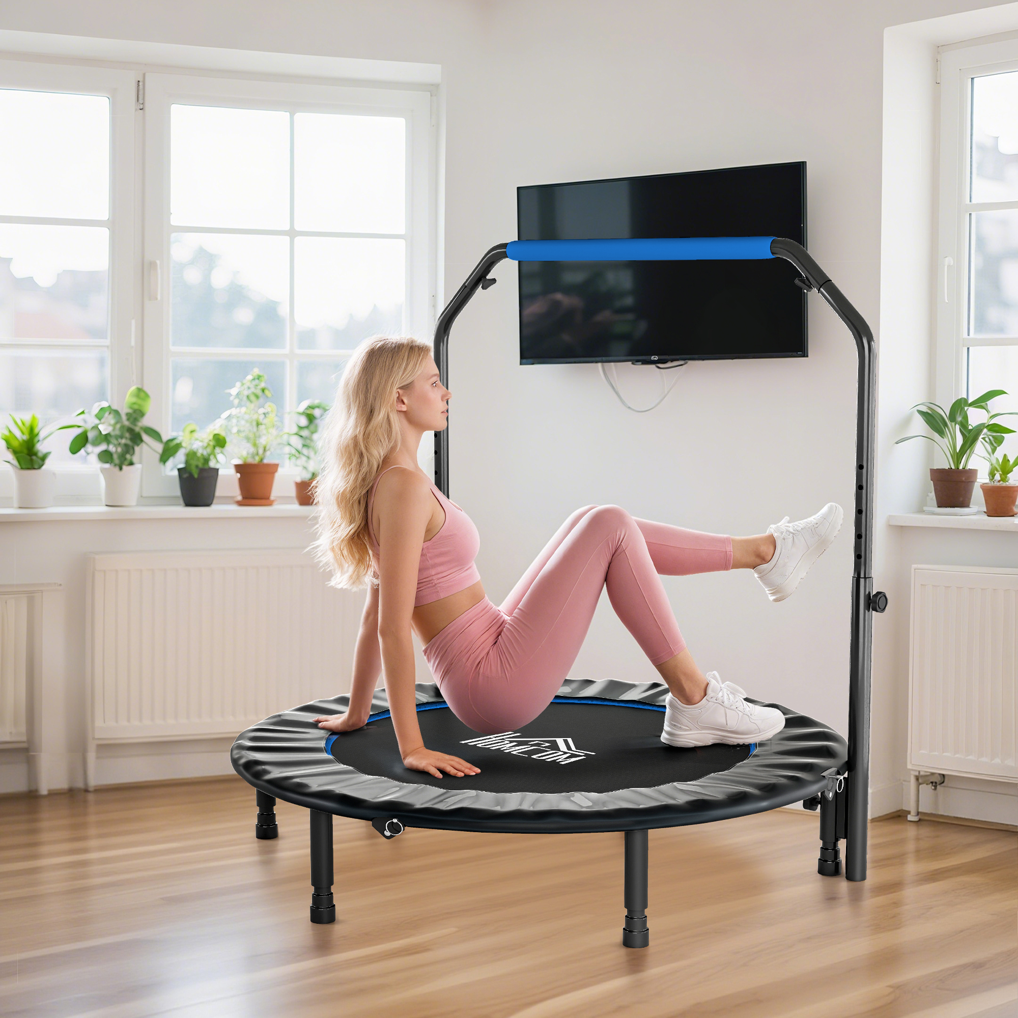 HOMCOM 48" Foldable Mini Fitness Trampoline, with Adjustable Foam Handle, Blue 9