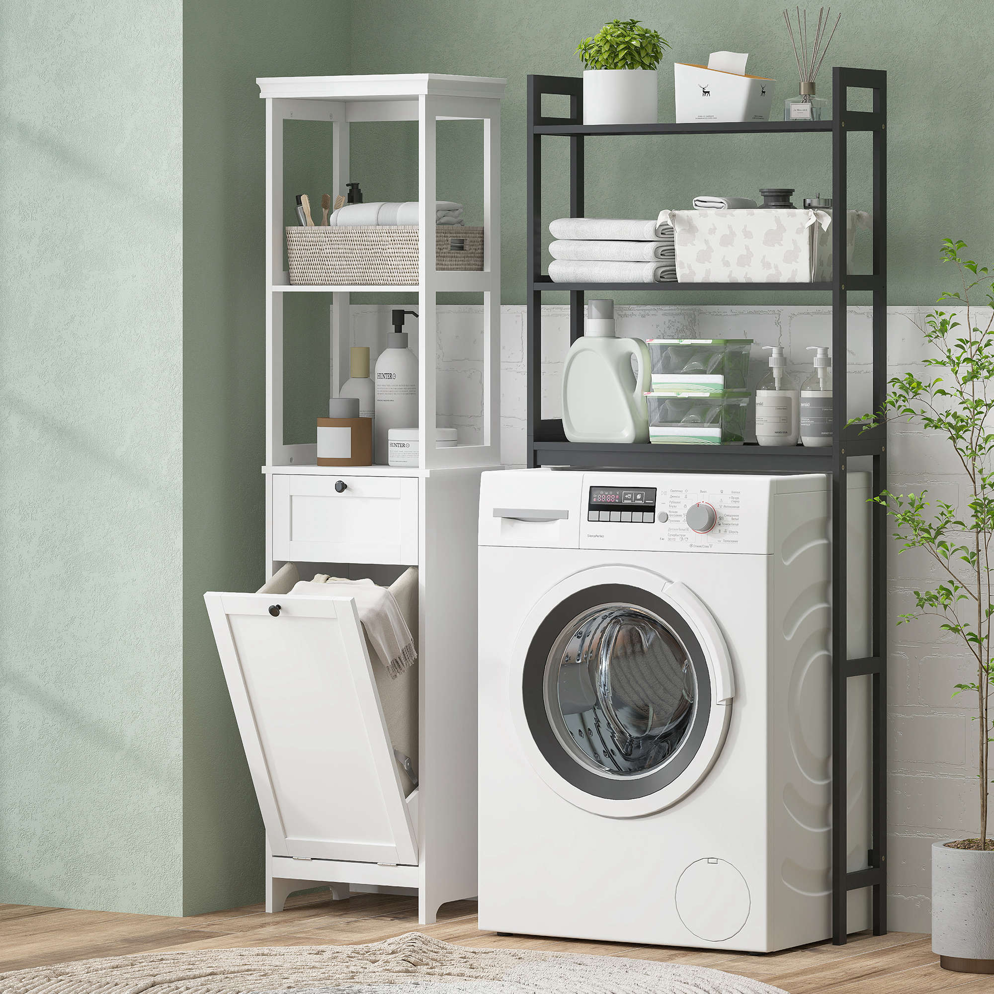 HOMCOM Tall Bathroom Cabinet, with Laundry Basket White 8