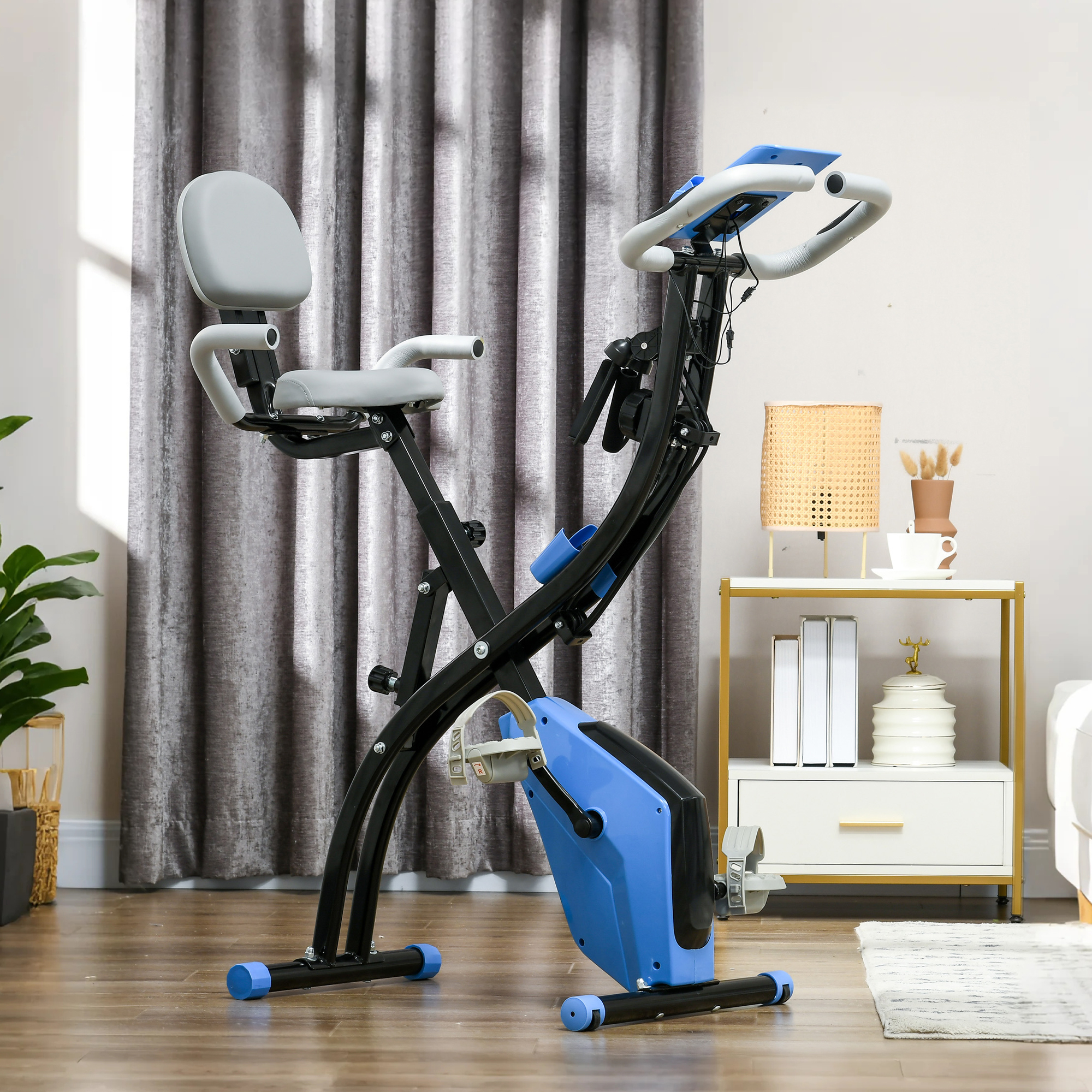 HOMCOM 2-in-1 Folding Exercise Bike with 8-Level Magnetic Resistance, Arm Resistance Band, Pulse Sensor, Blue 2