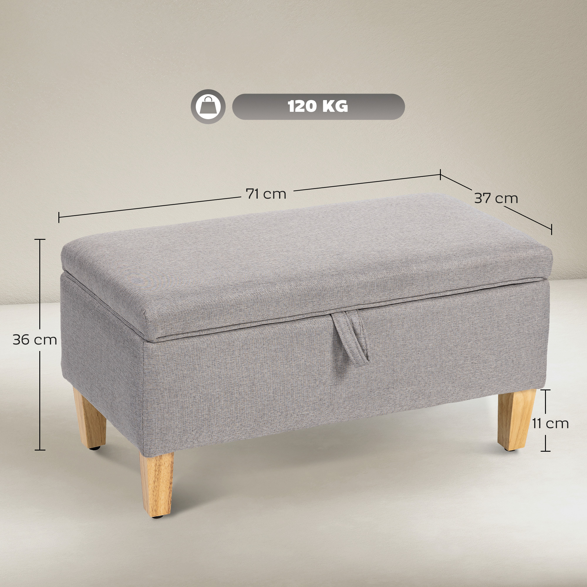 HOMCOM 30L Linen Storage Ottoman Padded Footstool with Rubberwood Legs for Storage Box, Bed End, Shoe Bench, Seating, Light Grey 3