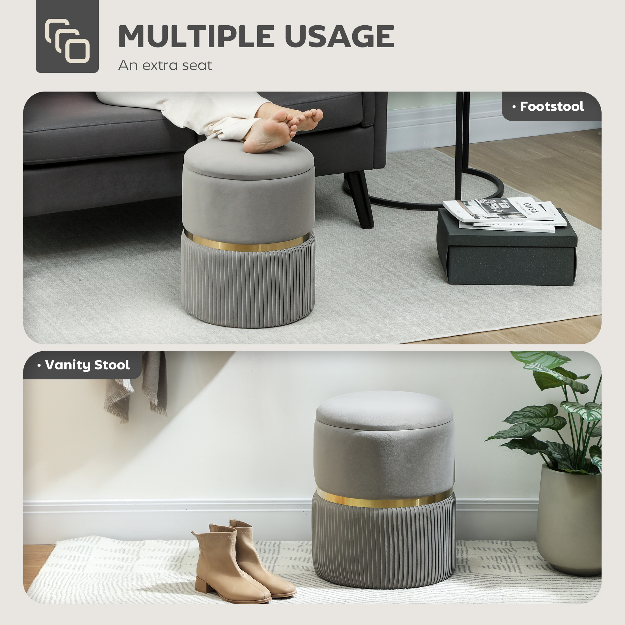 HOMCOM Velvet-Feel Storage Ottoman Light Grey 6