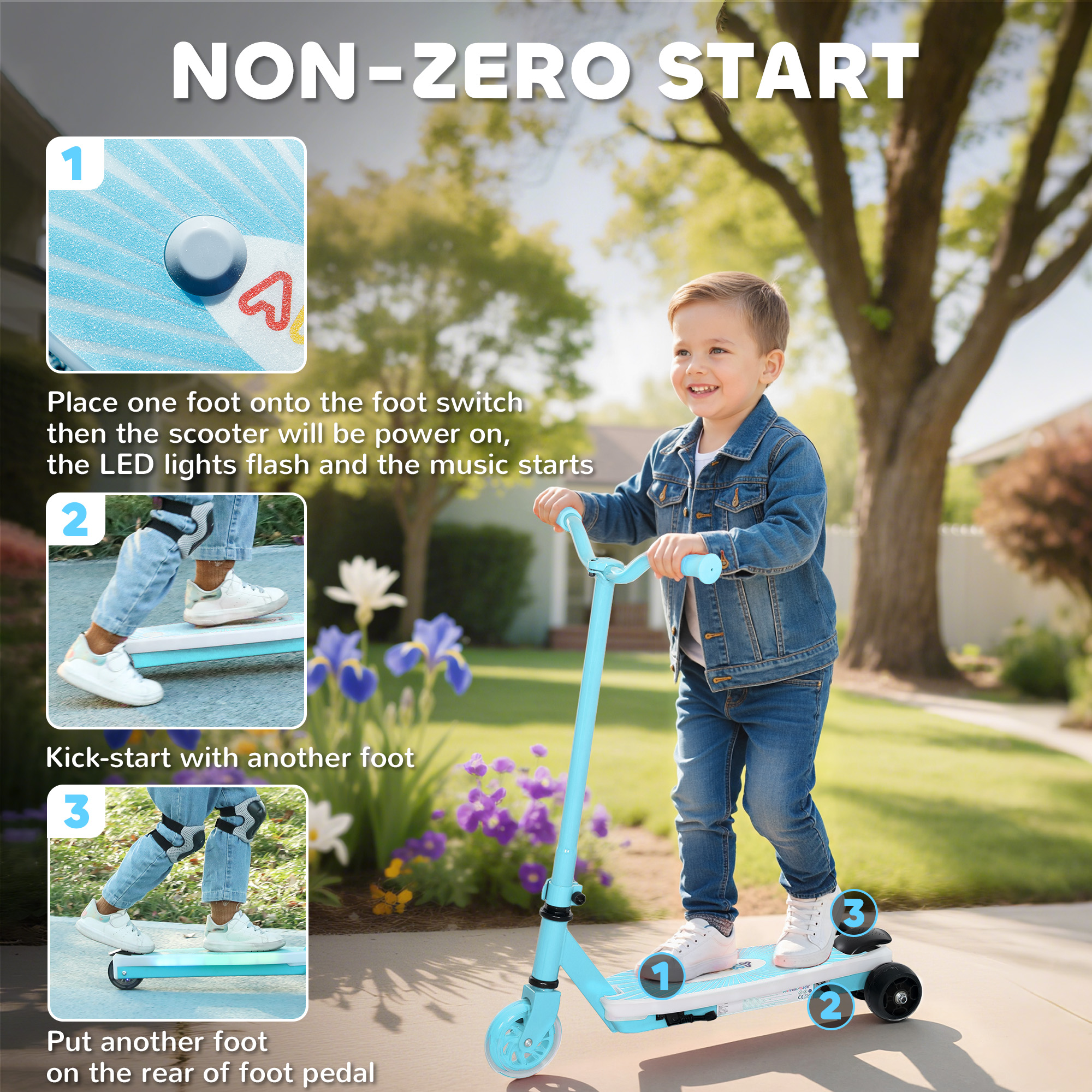 AIYAPLAY Electric Scooter for Kids Aged 4-7 Years, with Flashing LED Lights, Rear Auxiliary Wheels, Blue 4