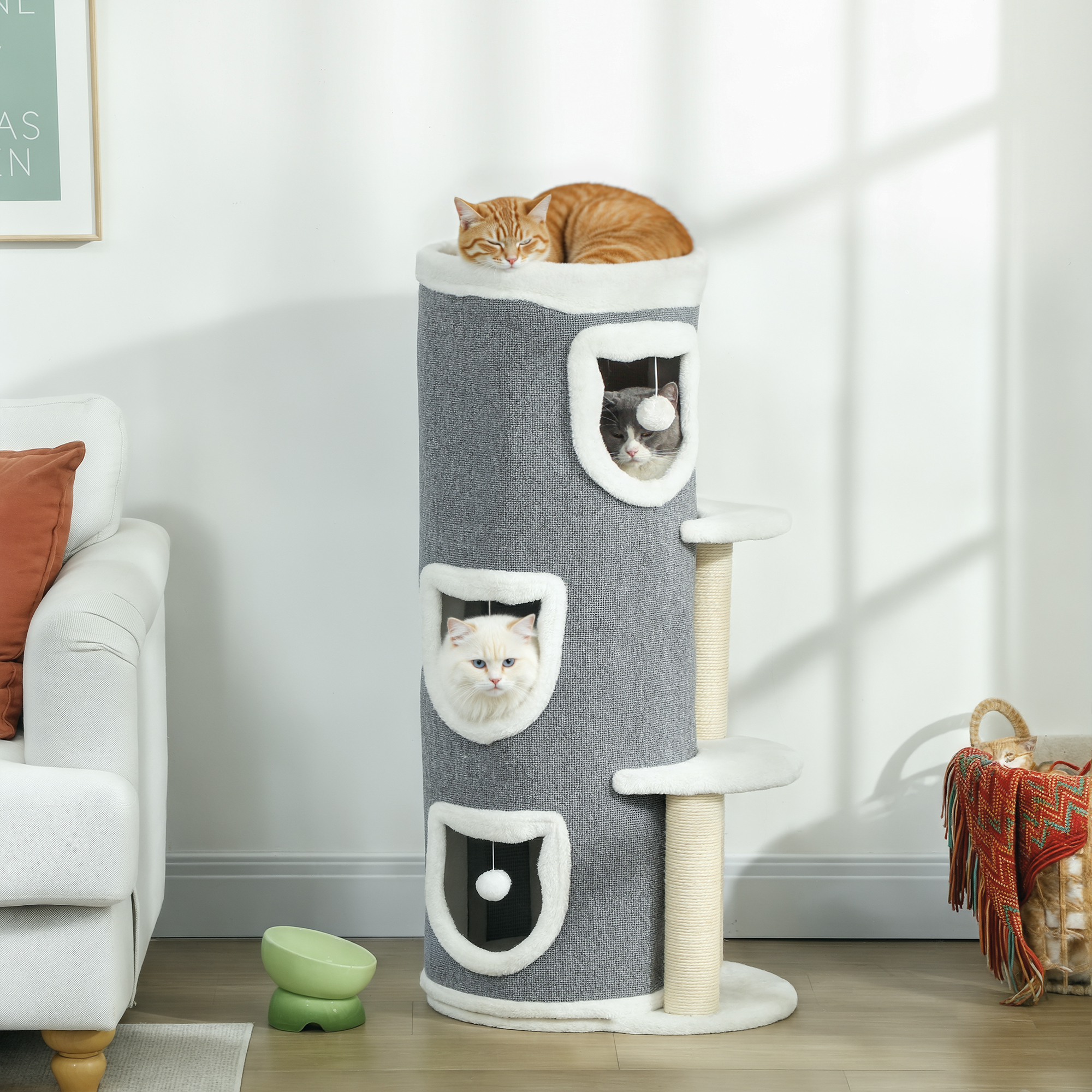 PawHut Kratztonne, 101 cm hoch Katzentonne mit Höhle, Spielball, Plüschrand günstig online kaufen