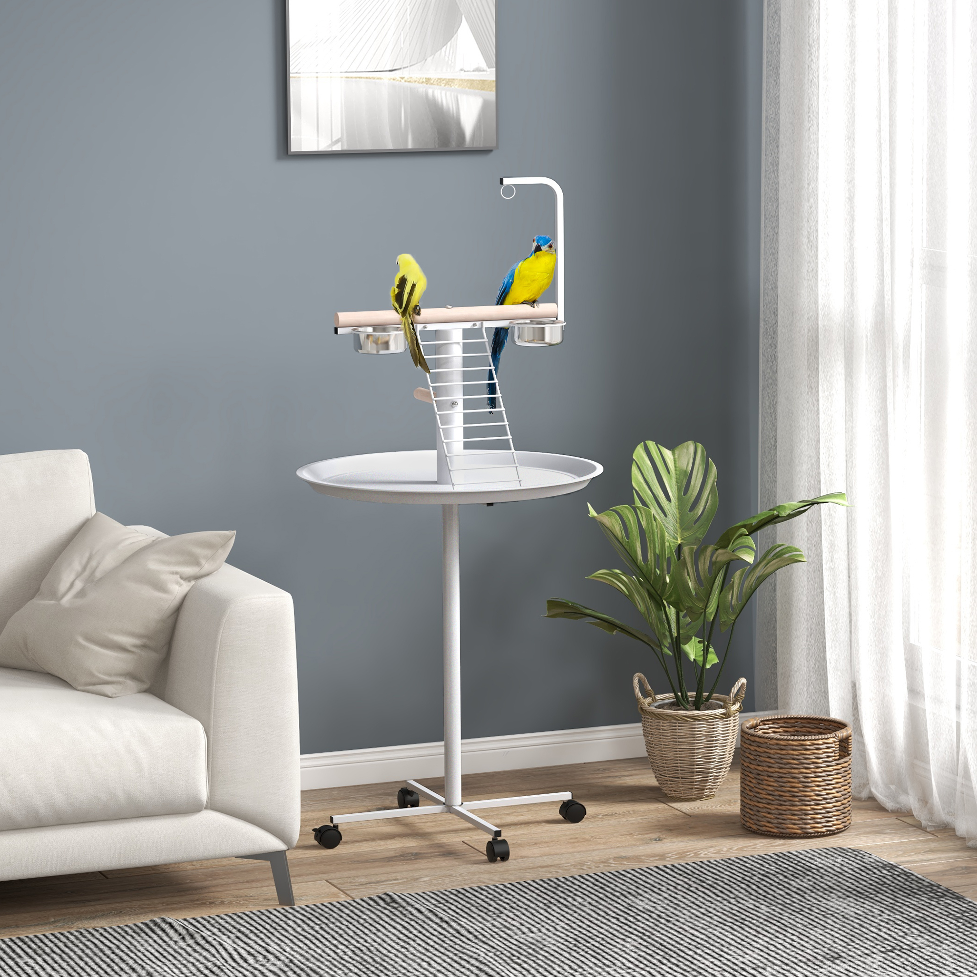 PawHut Bird Stand with Four Wheels, Perches, Stainless Steel Feed Bowls, Round Tray, for Garden, Indoor, Outdoor White 2
