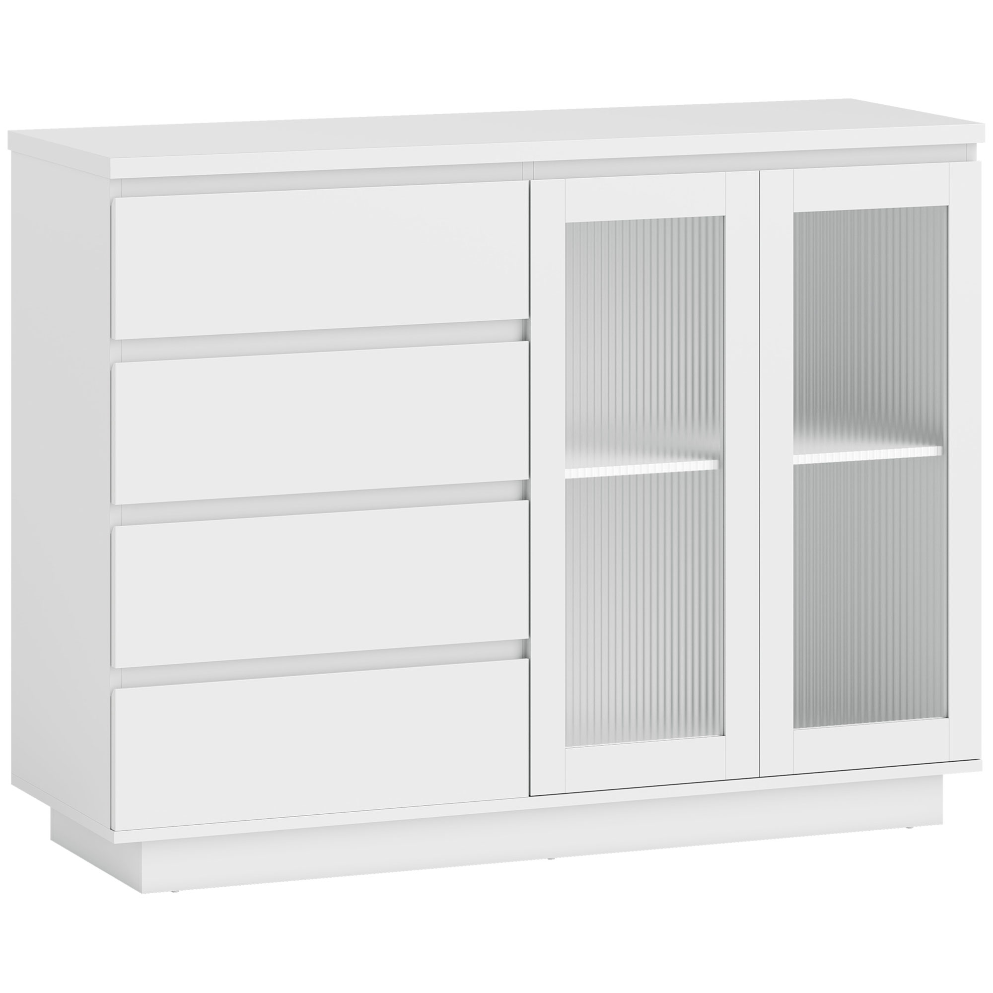 HOMCOM Aparador salón, mueble de almacenamiento con 4 cajones y 2 puertas de vidrio templado, estante regulable, 120 x 40 x 91 cm, blanco