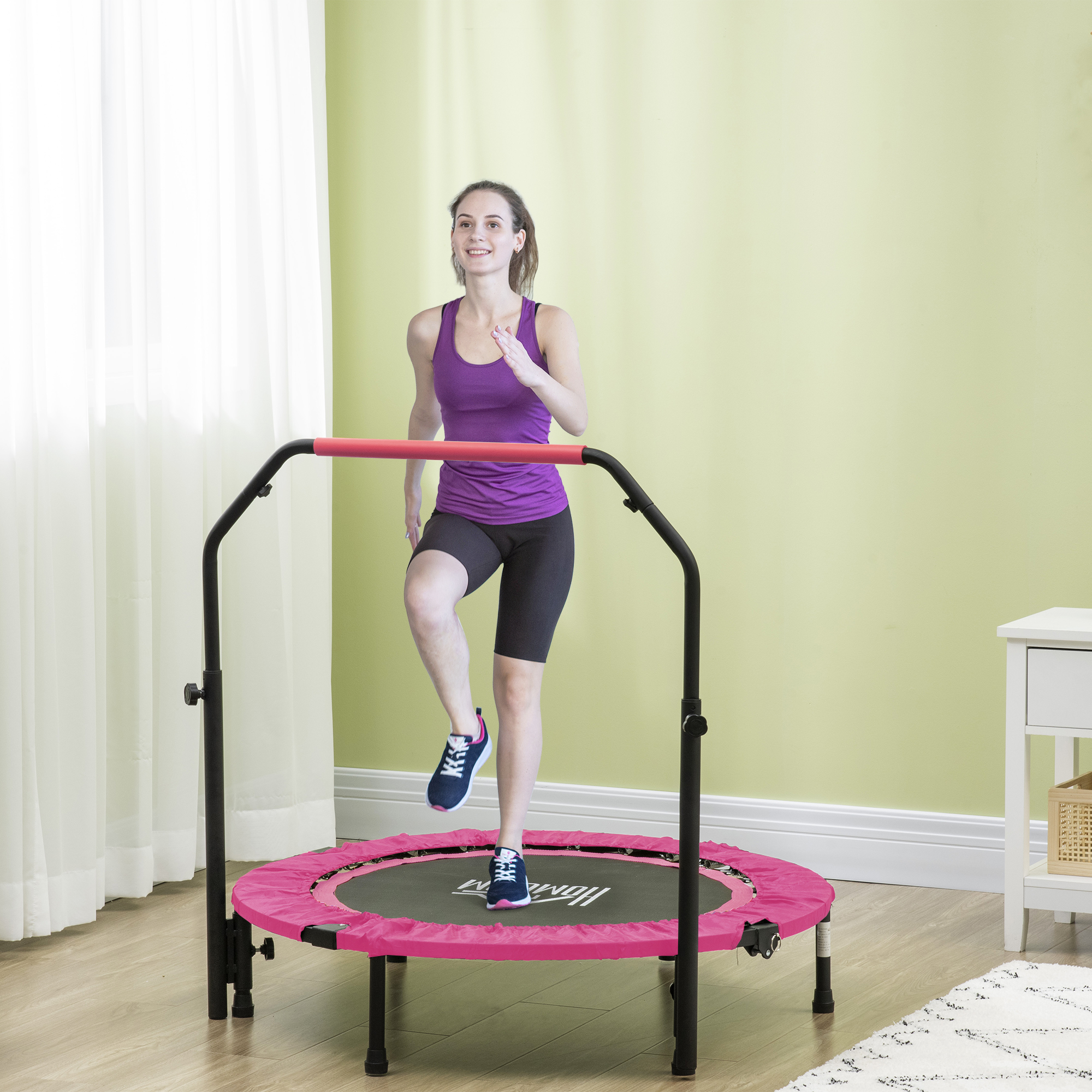 HOMCOM 40" Foldable Mini Fitness Trampoline, with Adjustable Foam Handle, Pink 2