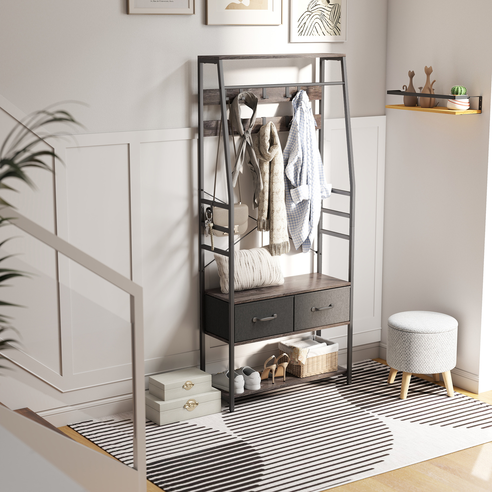 HOMCOM Coat Rack with Shoe Storage, Hall Tree, Industrial Coat Stand with Shoe Bench, 10 Removable Hooks, 2 Fabric Drawers and Clothes Rail for Entryway, Hallway, Grey 9