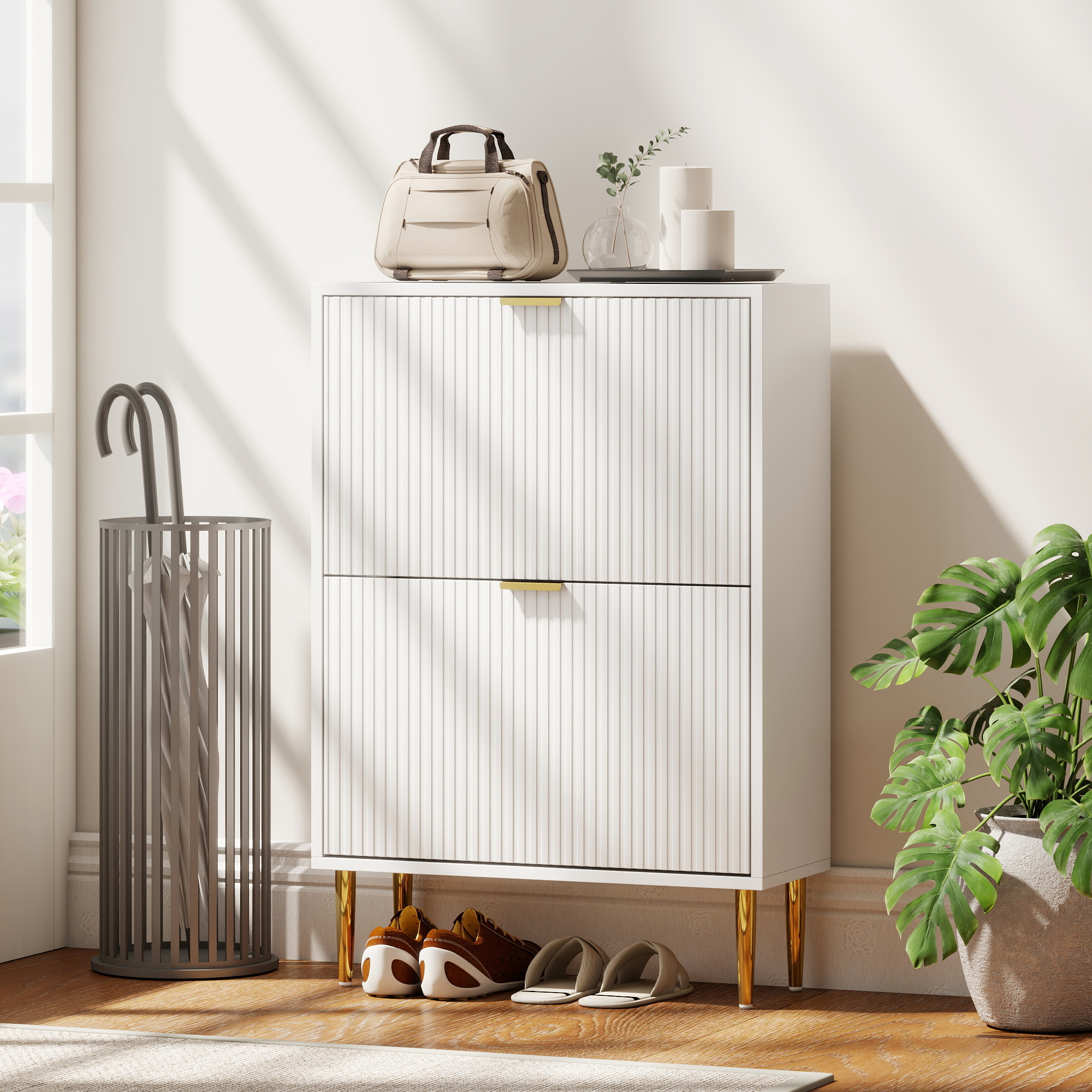 HOMCOM Narrow Shoe Cabinet with 2 Flip Drawers White 8