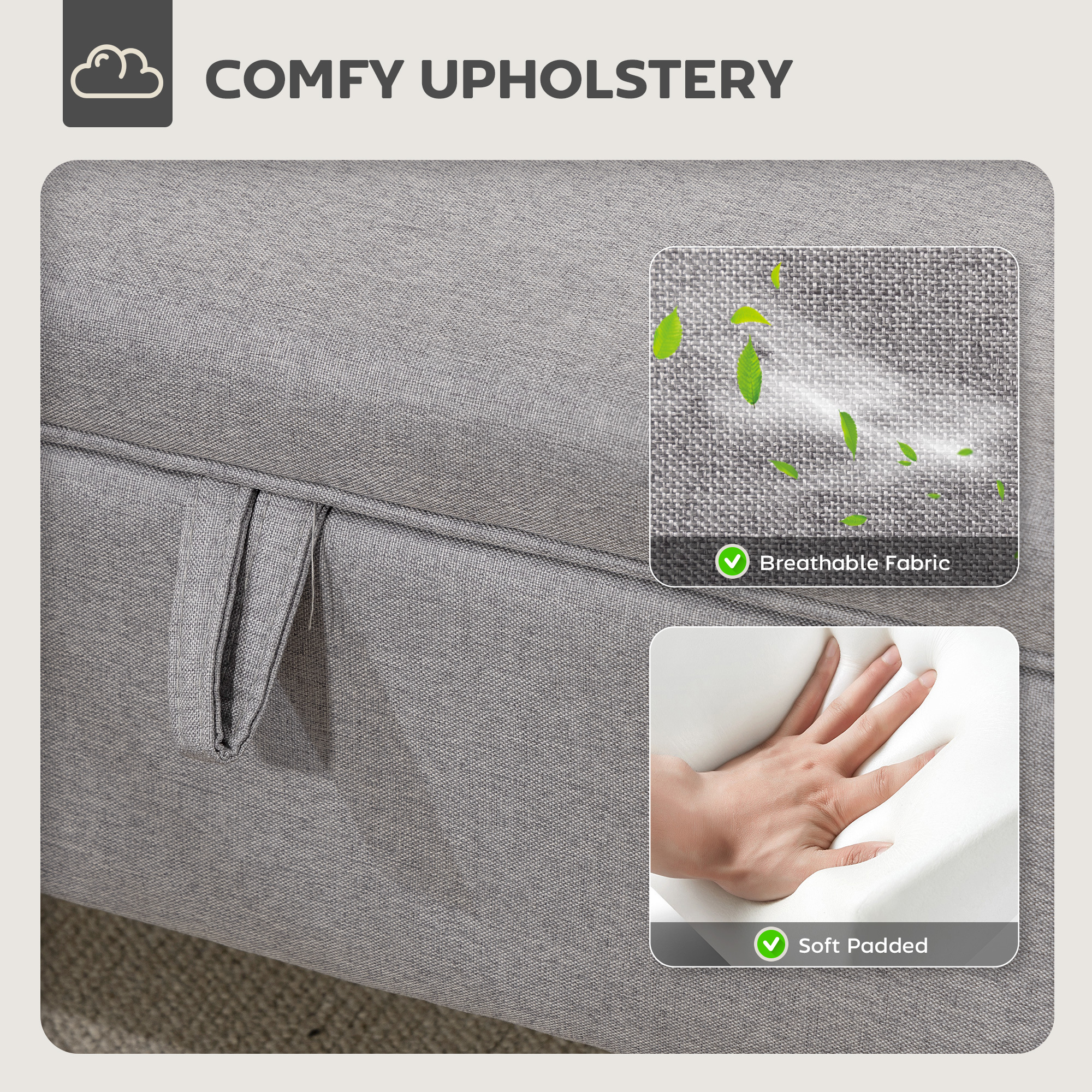 HOMCOM 16L Linen Storage Ottoman Padded Footstool with Rubberwood Legs for Storage Box, Bed End, Shoe Bench, Seating, Light Grey 5