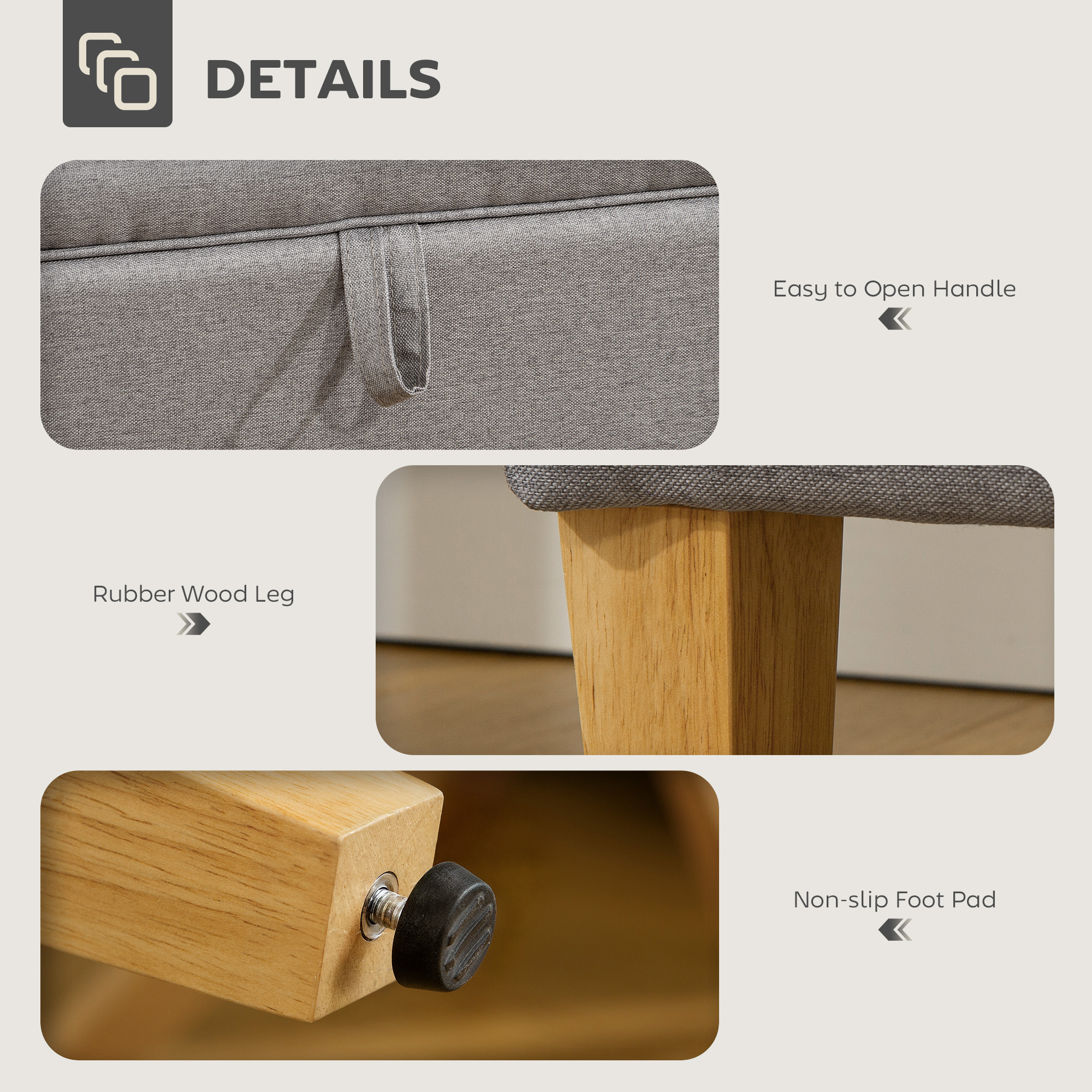 HOMCOM 16L Linen Storage Ottoman Padded Footstool with Rubberwood Legs for Storage Box, Bed End, Shoe Bench, Seating, Light Grey 6