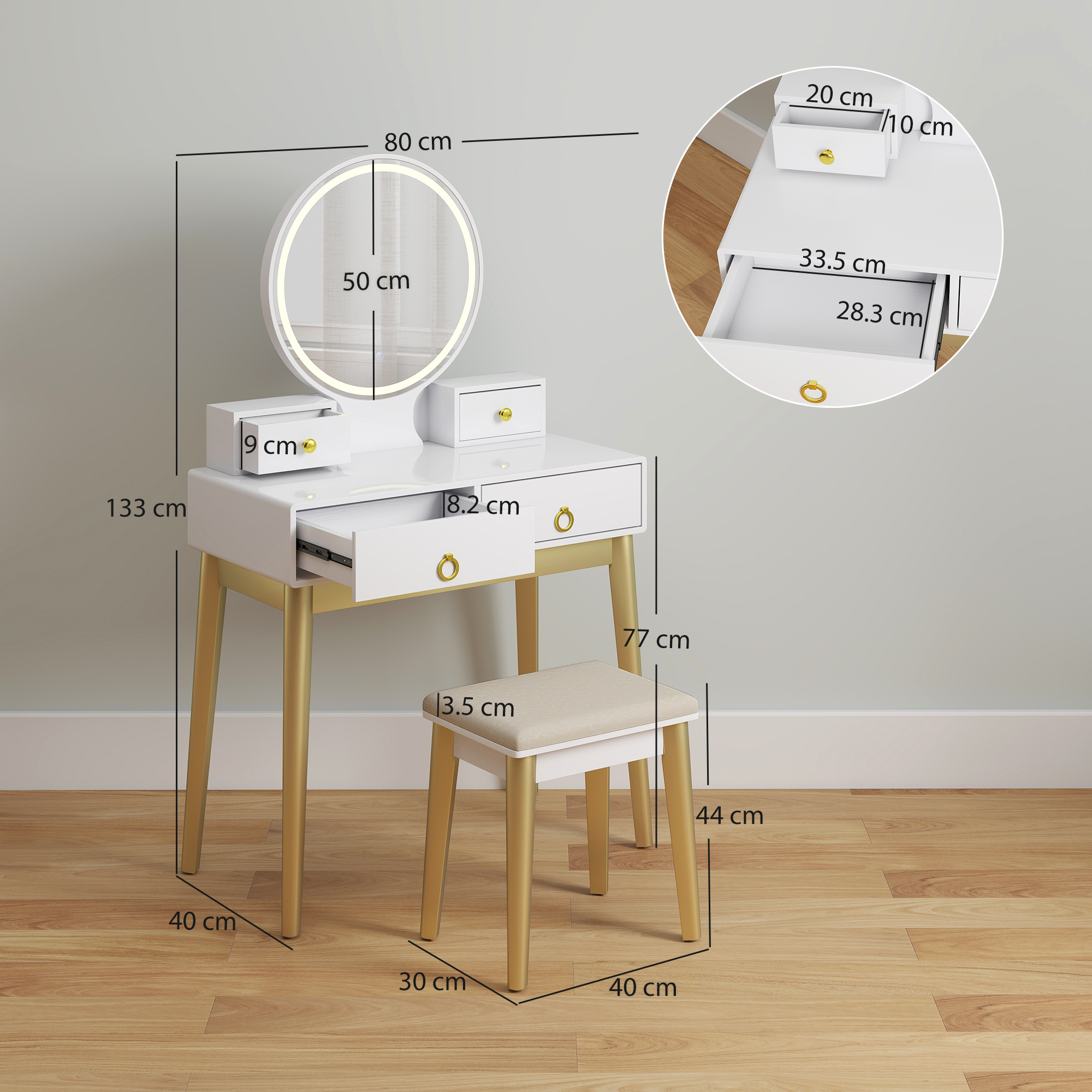 HOMCOM Dressing Table Set with Mirror, Built-in 3 Color LED Light, Vanity Makeup Table with 4 Drawers and Cushioned Stool for Bedroom, White 3