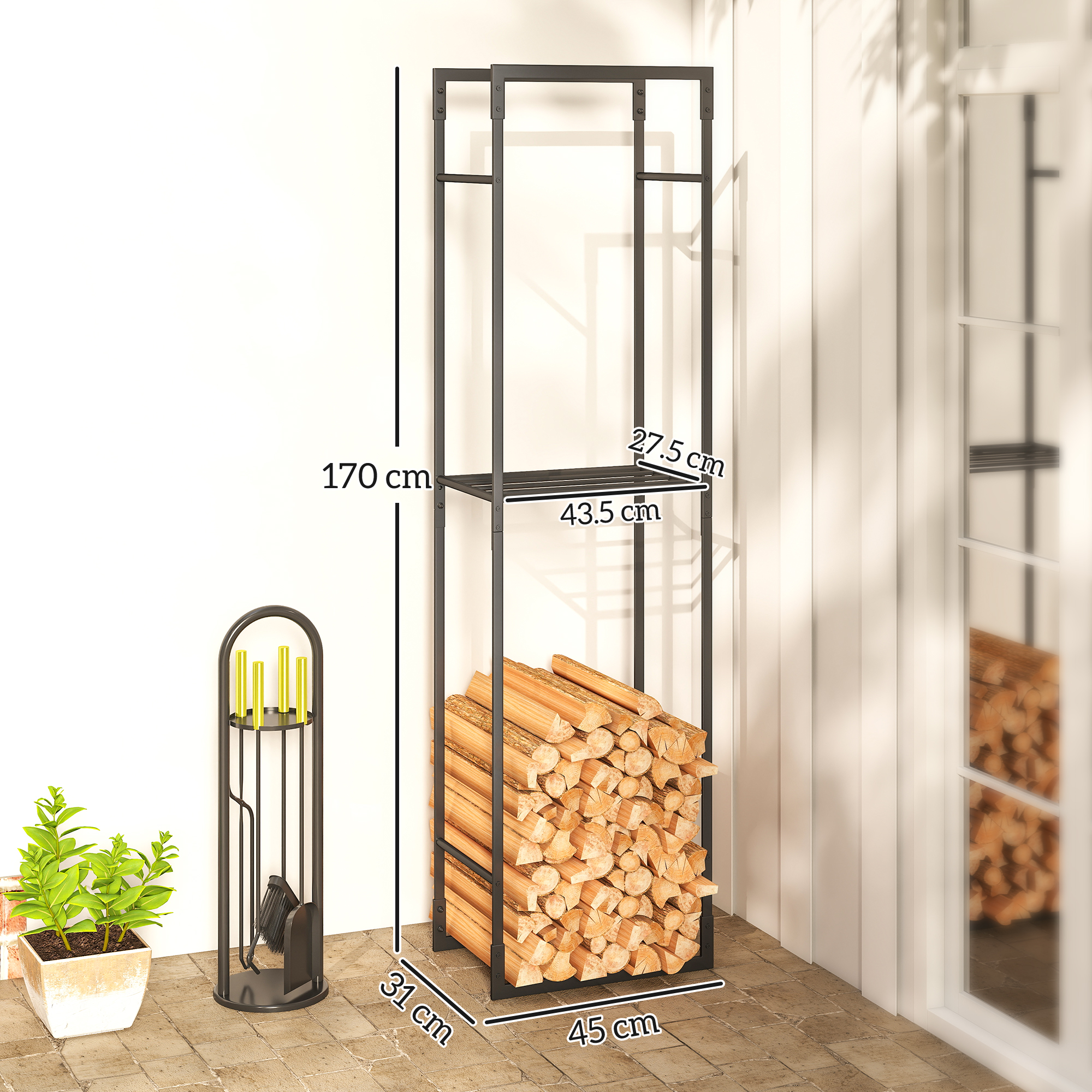 Outsunny Metal Firewood Log Holder, Heavy Duty Firewood Rack with Adjustable Shelf, Indoor Outdoor Fireplace Wood Storage Shelf, 45 x 31 x 170 cm, Black 3