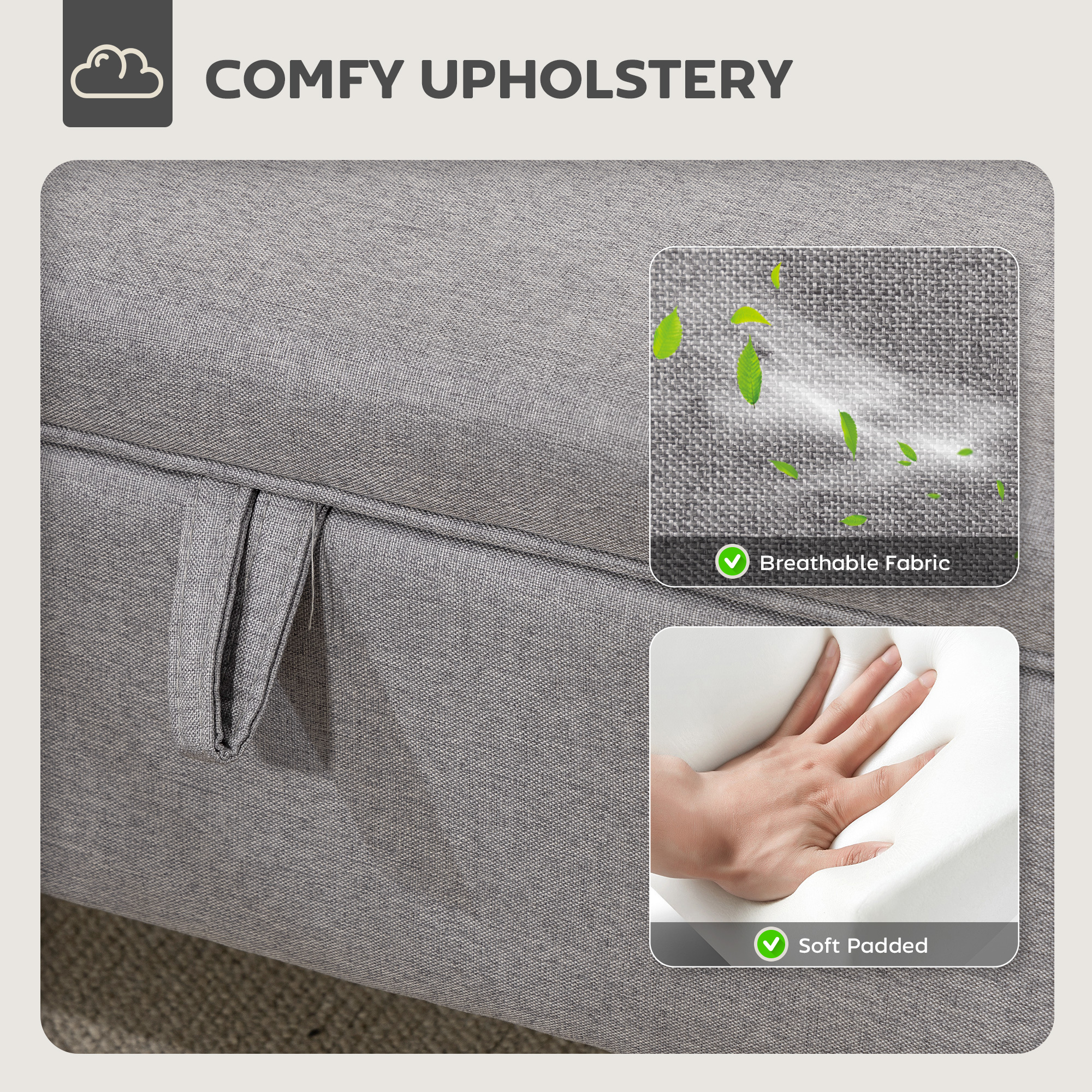 HOMCOM 30L Linen Storage Ottoman Padded Footstool with Rubberwood Legs for Storage Box, Bed End, Shoe Bench, Seating, Light Grey 5
