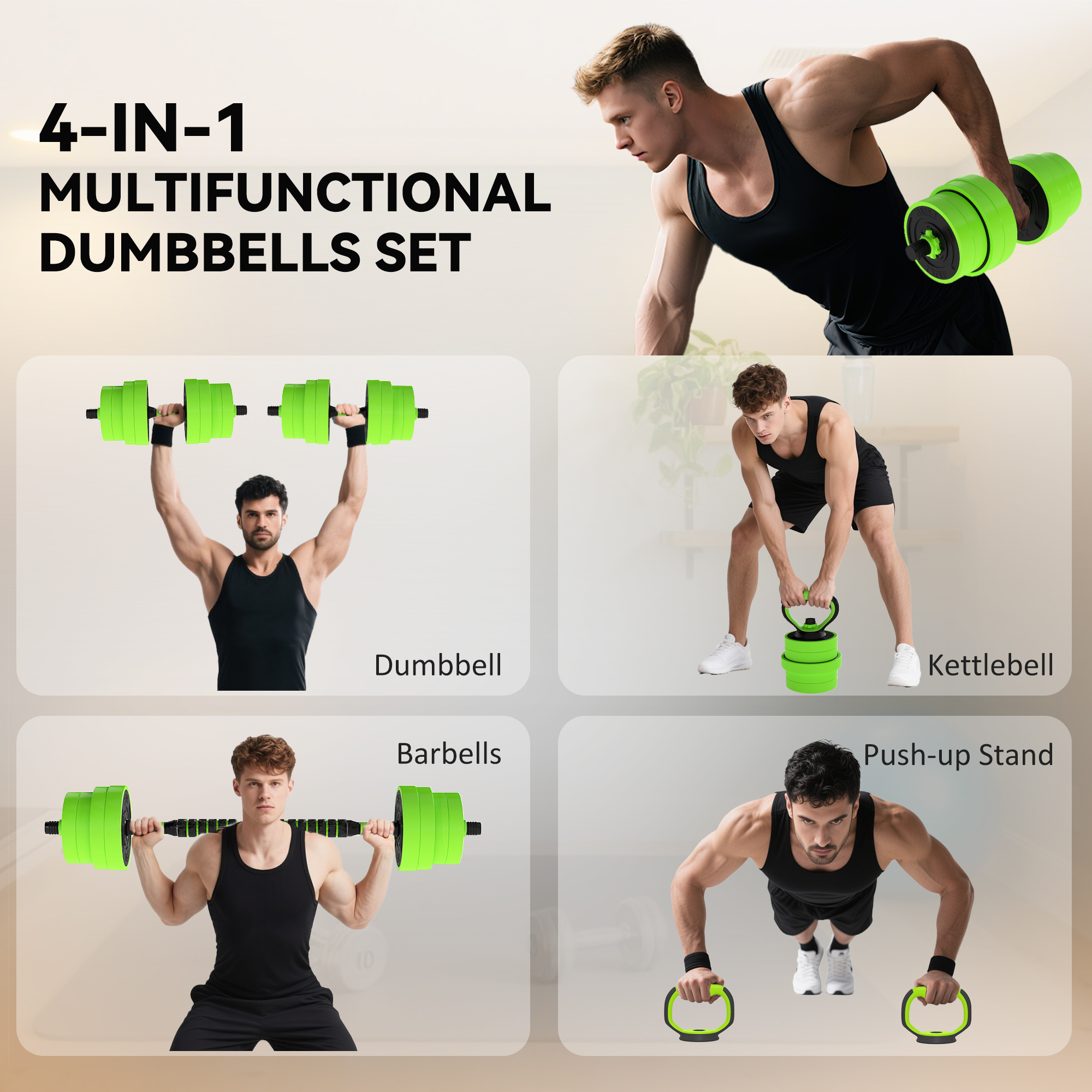 SPORTNOW 30kg Four-In-One Adjustable Weight Dumbbells Set, Barbell, Kettlebell, Push Up Stand Green 4