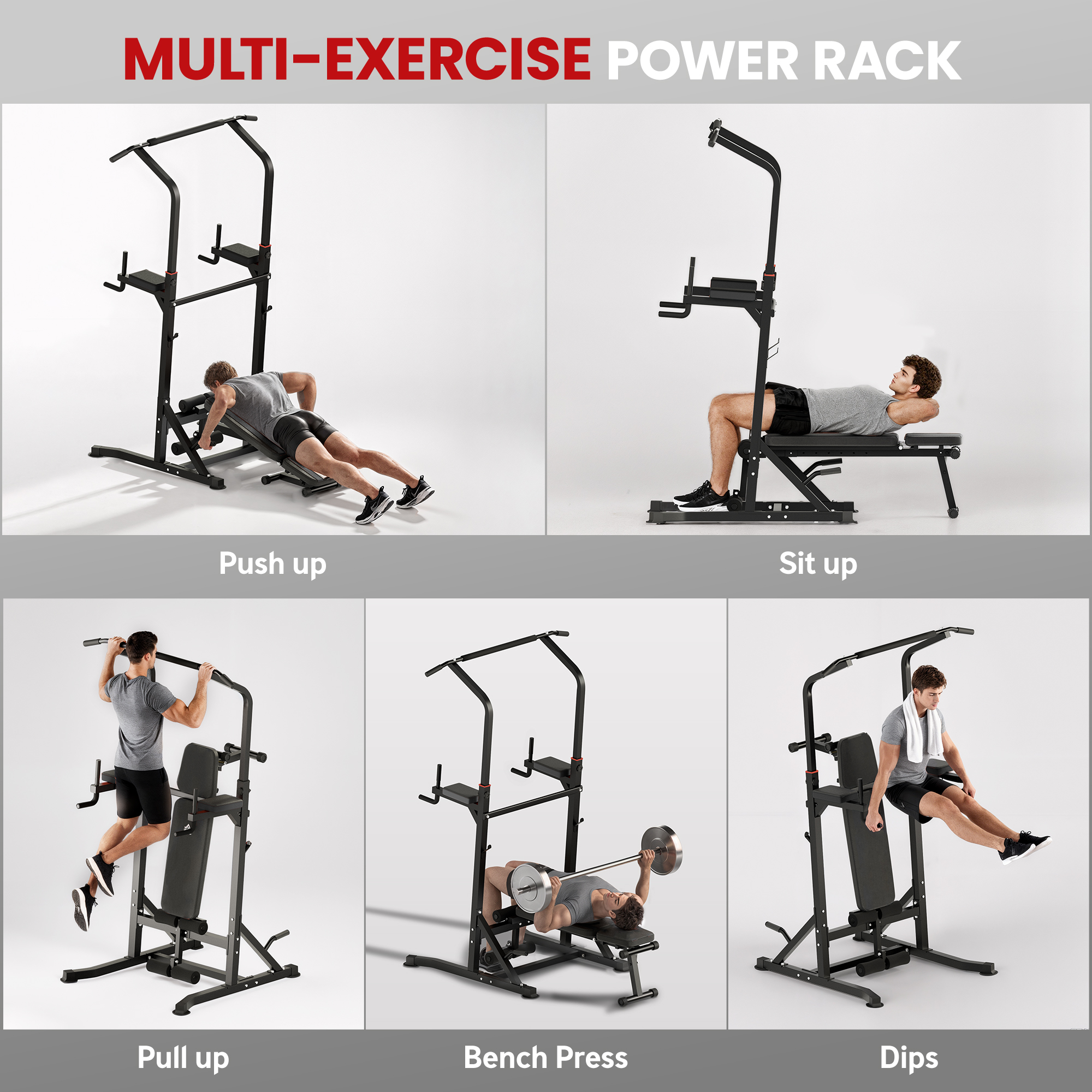 HOMCOM Pull Up Station with Adjustable Weight Bench, Dip Station and Barbell Rack, Multi-Function Power Tower Free Standing Pull Up Bar for Home Gym 4