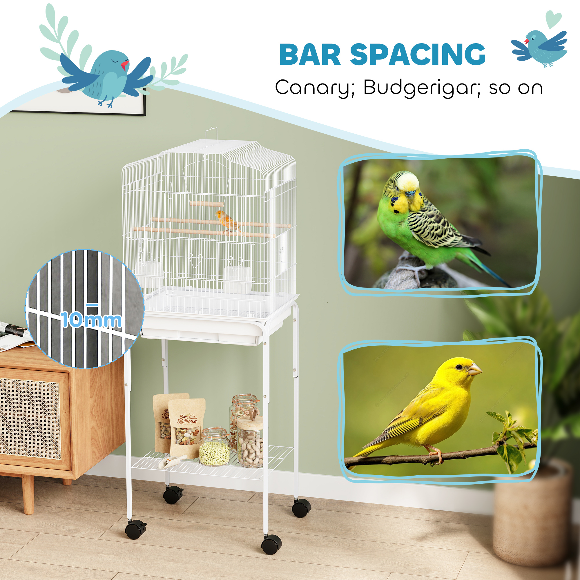 PawHut Bird Cage Budgie Cages for Finch Canary Parakeet with Stand Wheels Slide-out Tray Accessories Storage Shelf, White 6