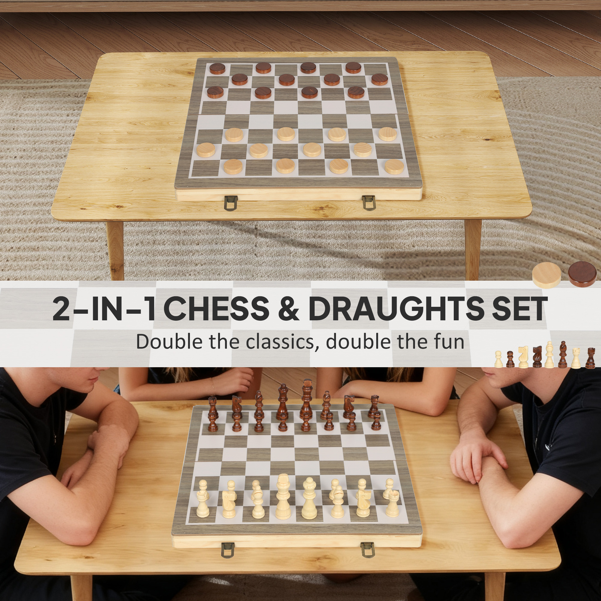 SPORTNOW 15 Inch Chess Set, Foldable Chess and Draughts Set, Brown 4