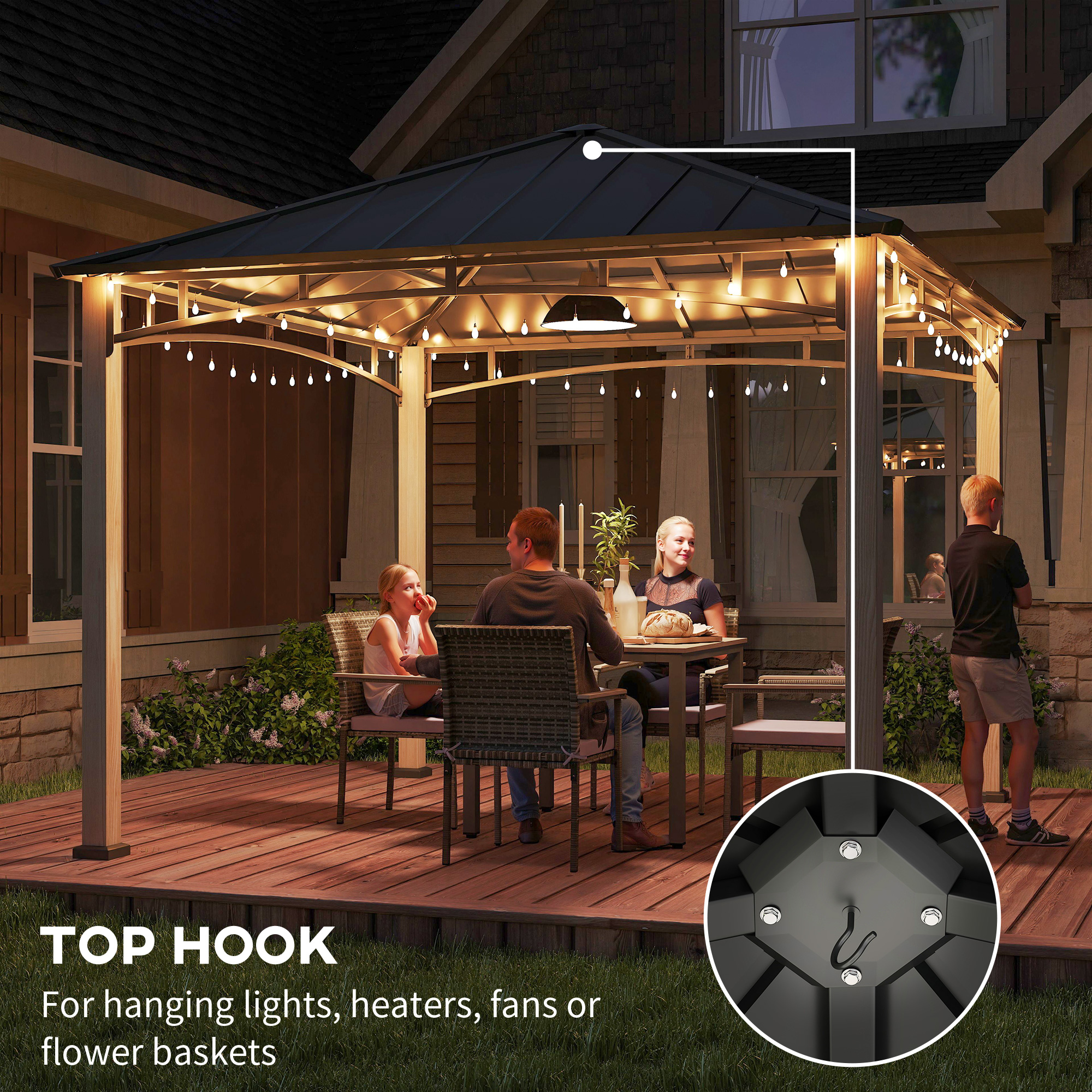 Outsunny 3 x 3 m Decorative Metal Gazebo Black/Wood-Effect 6