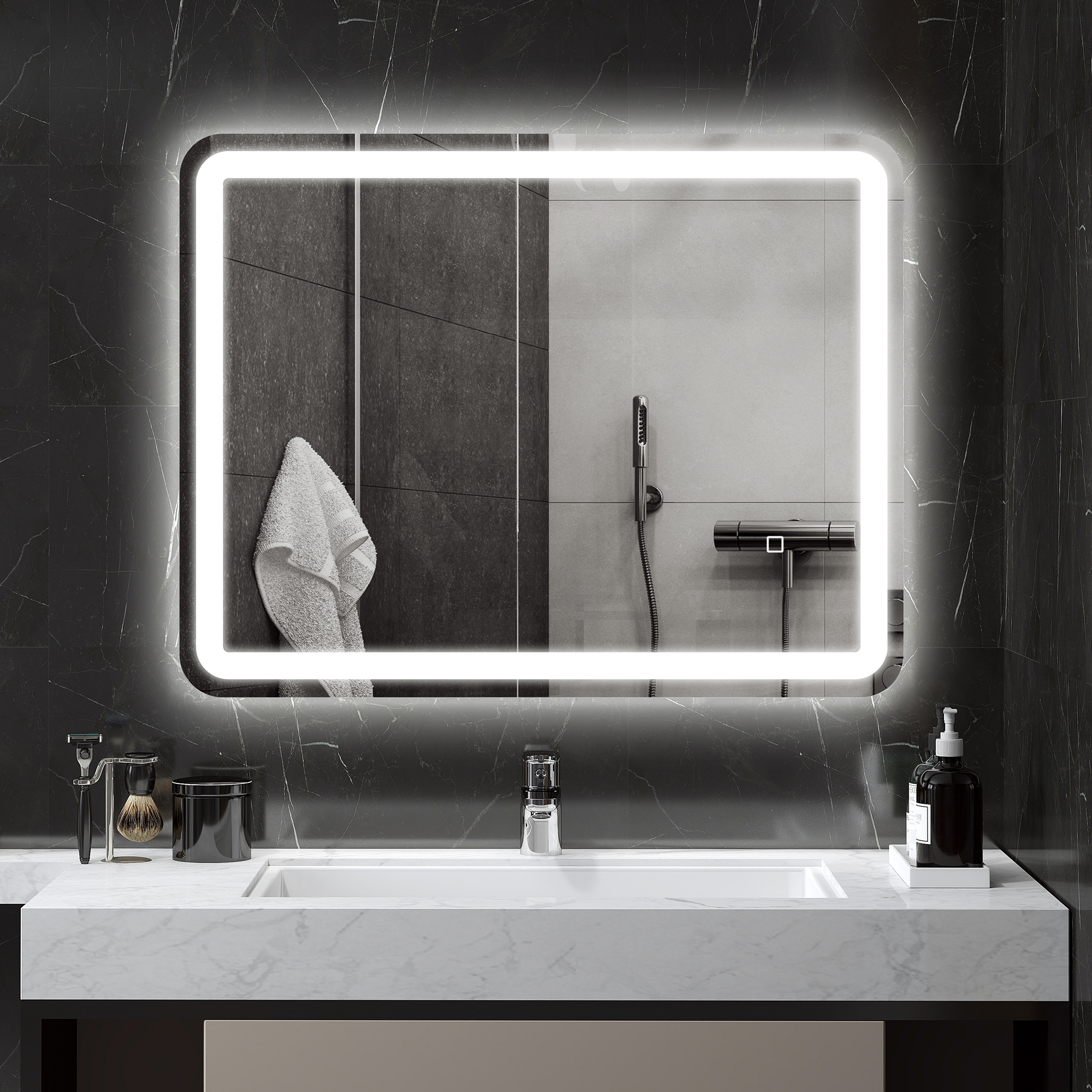 HOMCOM Badspiegel mit Beleuchtung 70 x 90 cm LED Spiegel mit 3 Lichtfarben günstig online kaufen