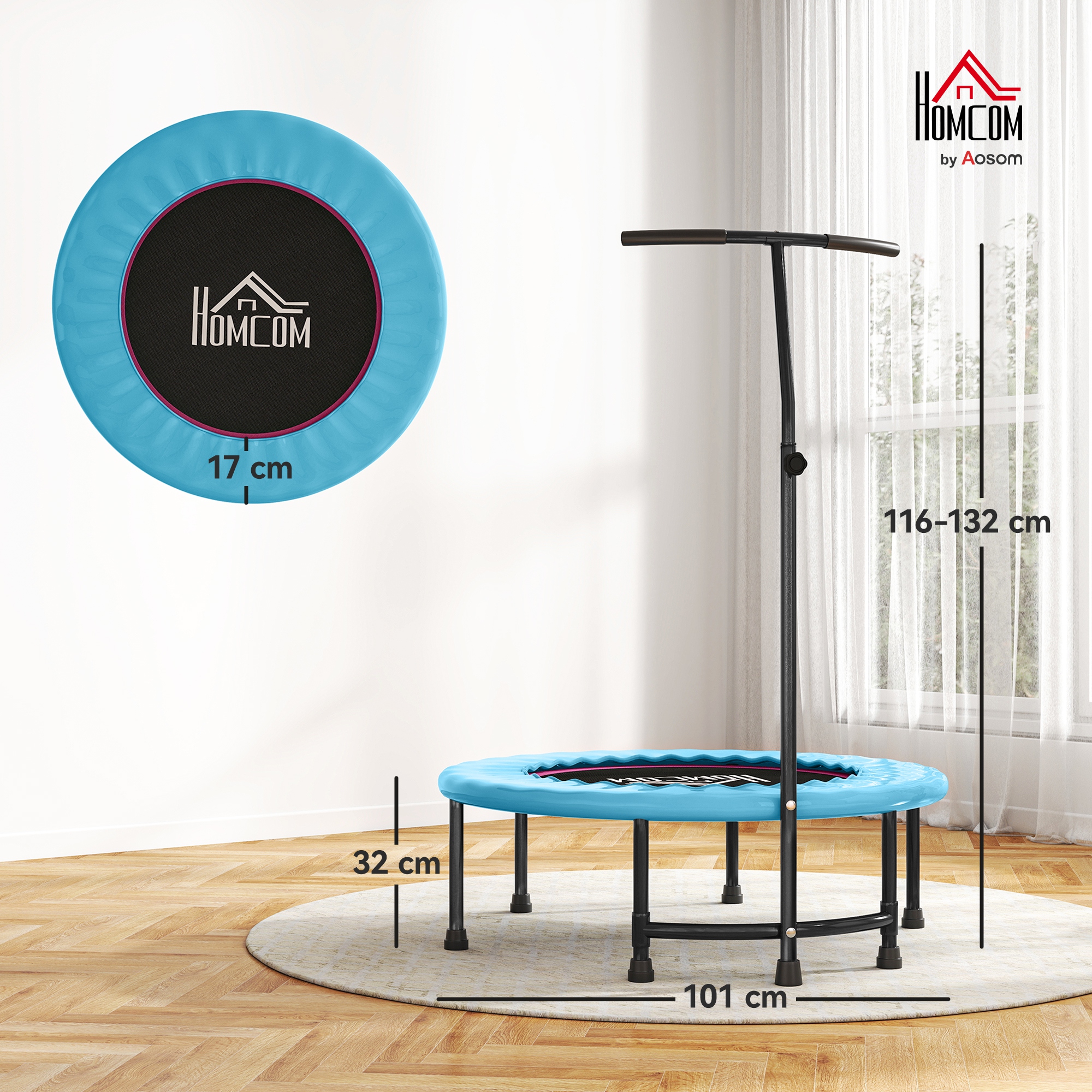 HOMCOM 40" Fitness Trampoline with Adjustable Handle, Rebounder Trampoline, Mini Jumper for Indoor Exercise Workout, Blue 3