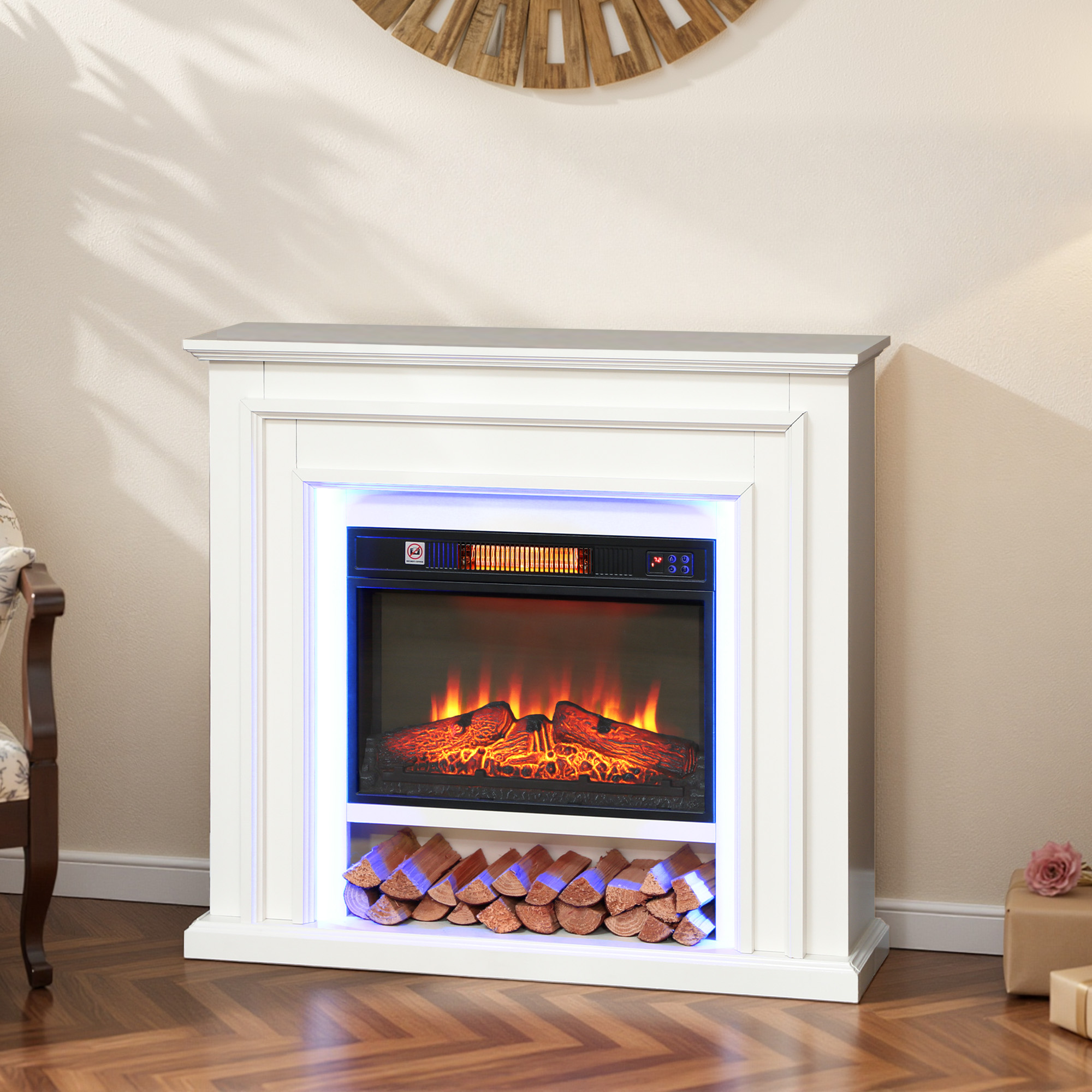 HOMCOM Electric Fireplace with RGB LED Lights, Realistic Flame Effect & 3 Brightness Levels, 1800W Inset Electric Fire and Mantel Reach up to 30 m² Space with Remote & Timer for Living Room, White 2
