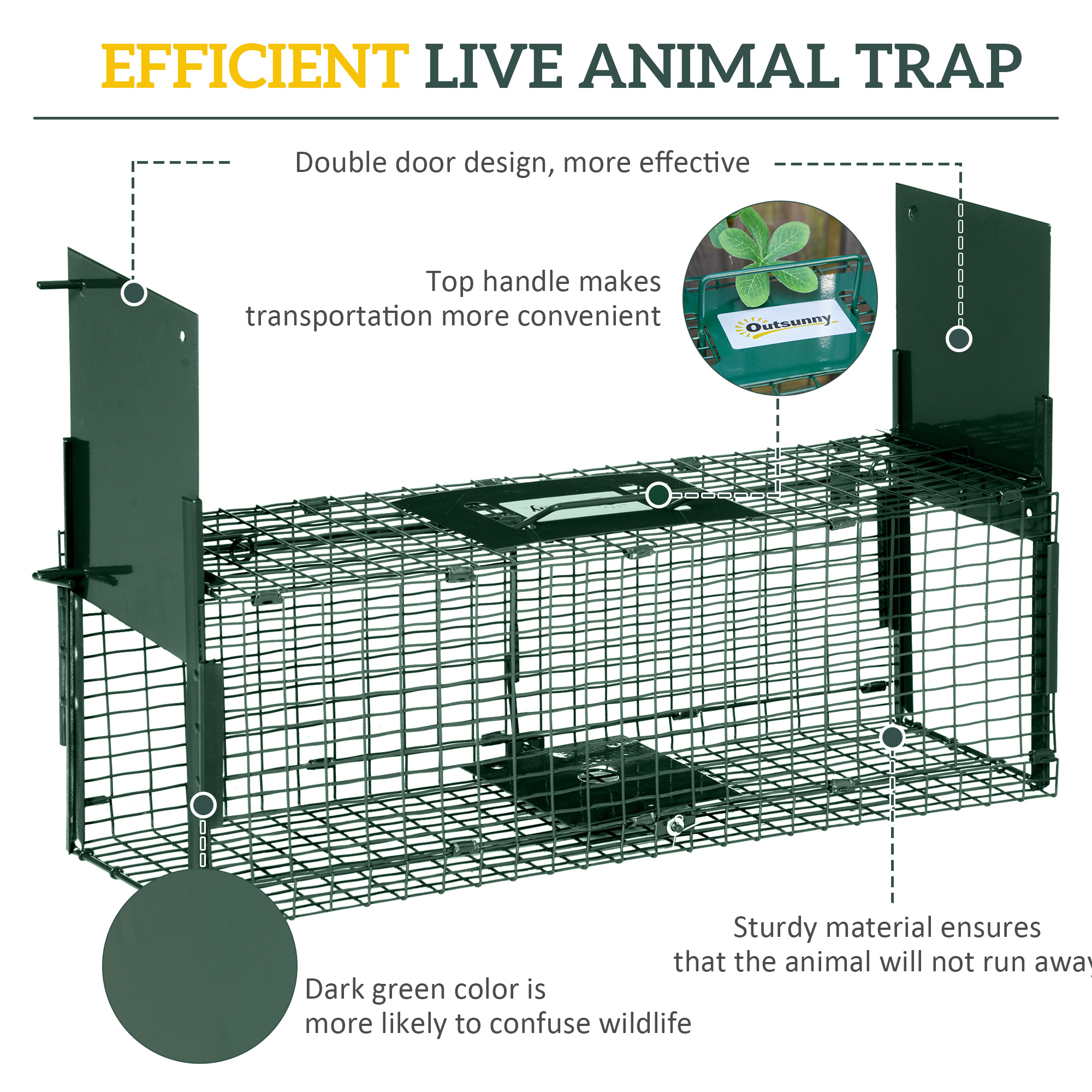 Outsunny Humane Rat Trap, Squirrel Trap with Double Doors, Live Cage Mousetrap for Indoors & Outdoors, Catch and Release Mice, Rats, Rodents, 60 x 18 x 20 cm, Green 6