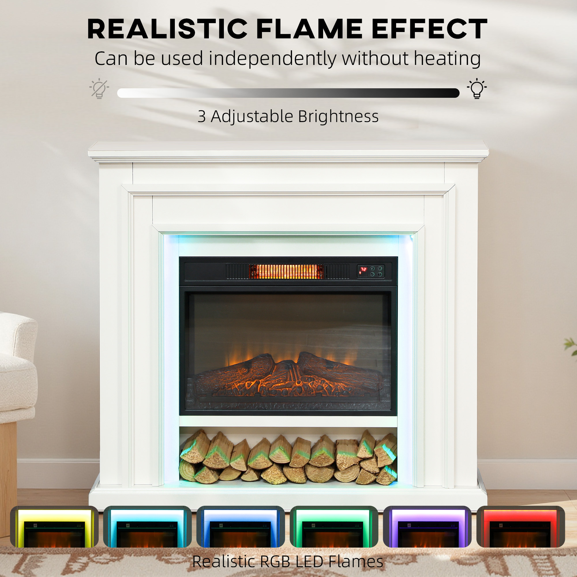 HOMCOM Electric Fireplace with RGB LED Lights, Realistic Flame Effect & 3 Brightness Levels, 1800W Inset Electric Fire and Mantel Reach up to 30 m² Space with Remote & Timer for Living Room, White 4