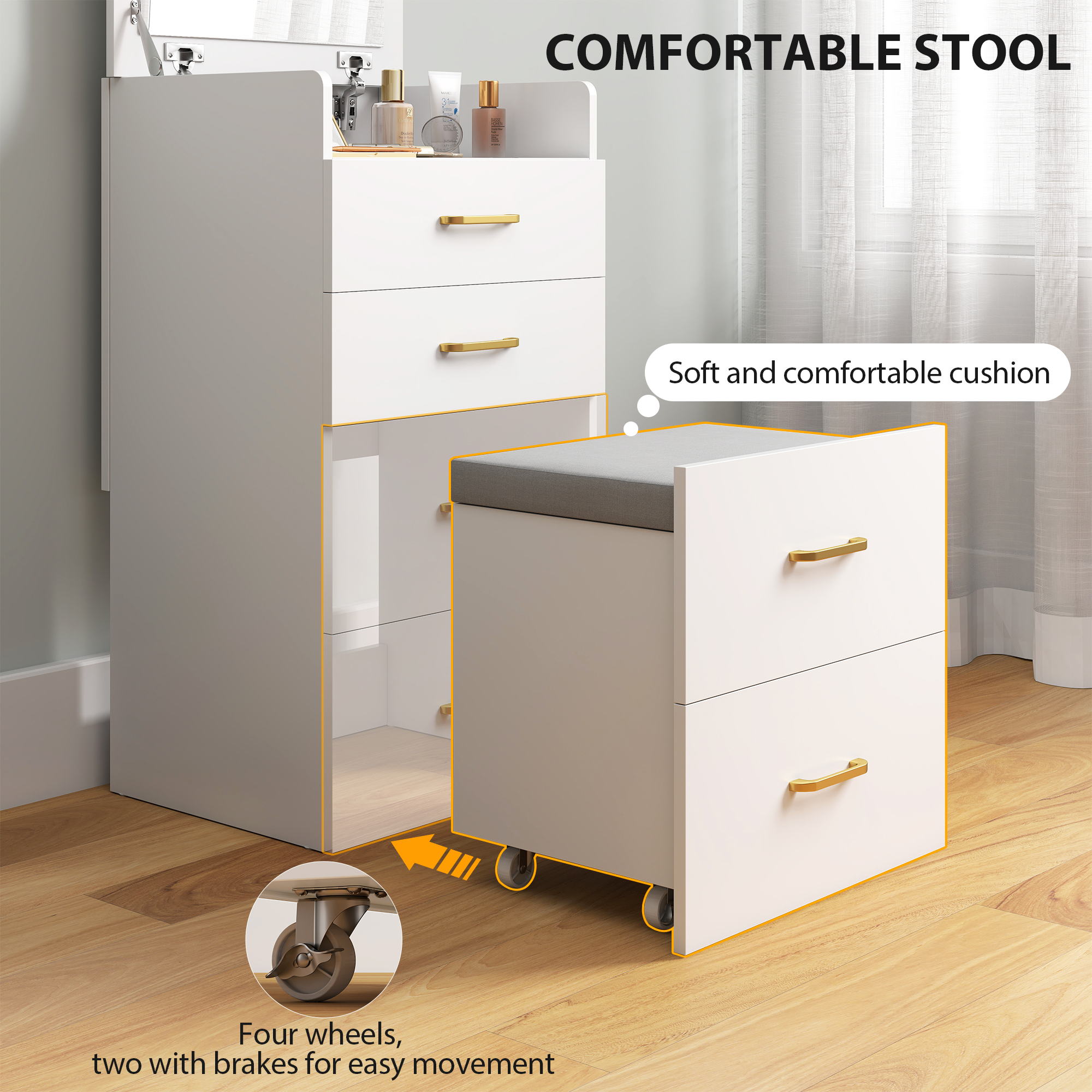 HOMCOM 3 in 1 Dressing Table with Flip-top Mirror and Rolling Stool, Modern Vanity Desk with Visible Glass Tabletop, Drawers and Side Hook, Makeup Table with Cushioned Storage Stool for Bedroom, White 5