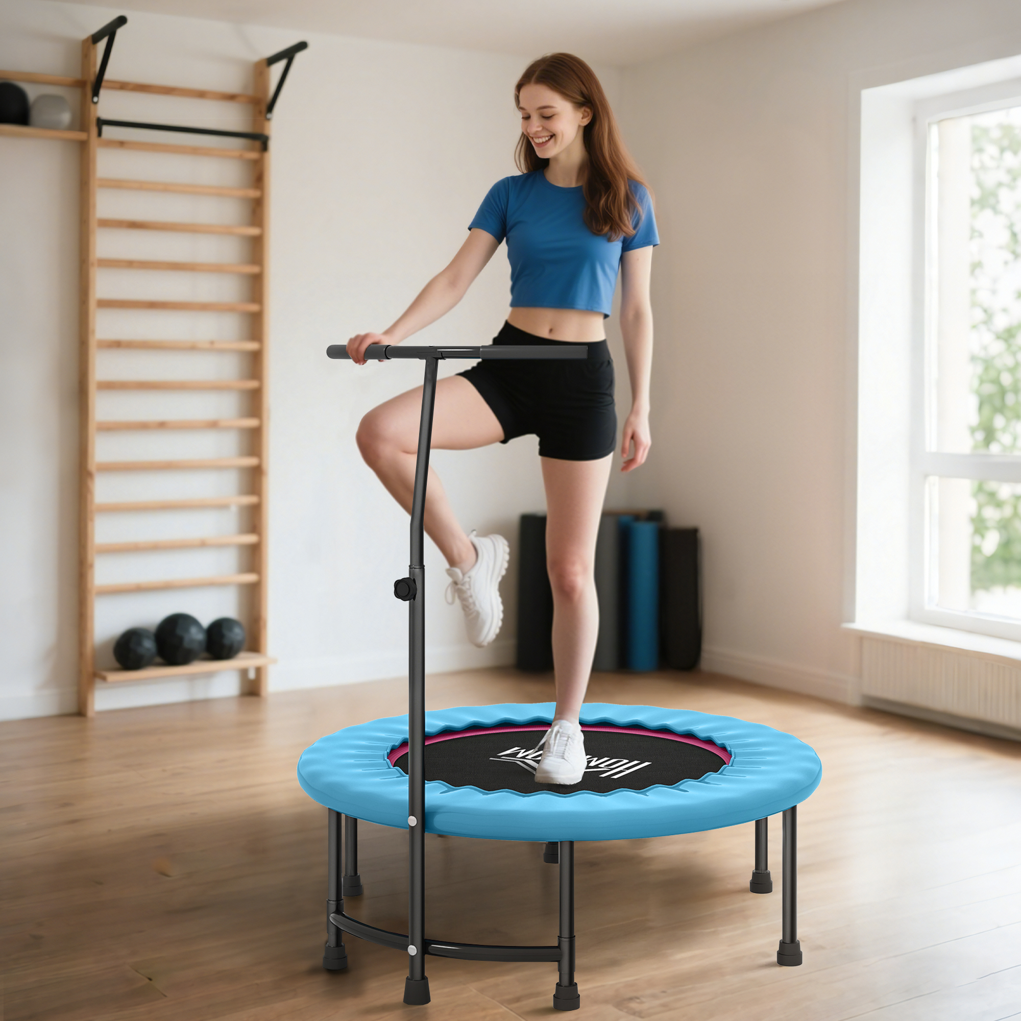 HOMCOM 40" Fitness Trampoline with Adjustable Handle, Rebounder Trampoline, Mini Jumper for Indoor Exercise Workout, Blue 2