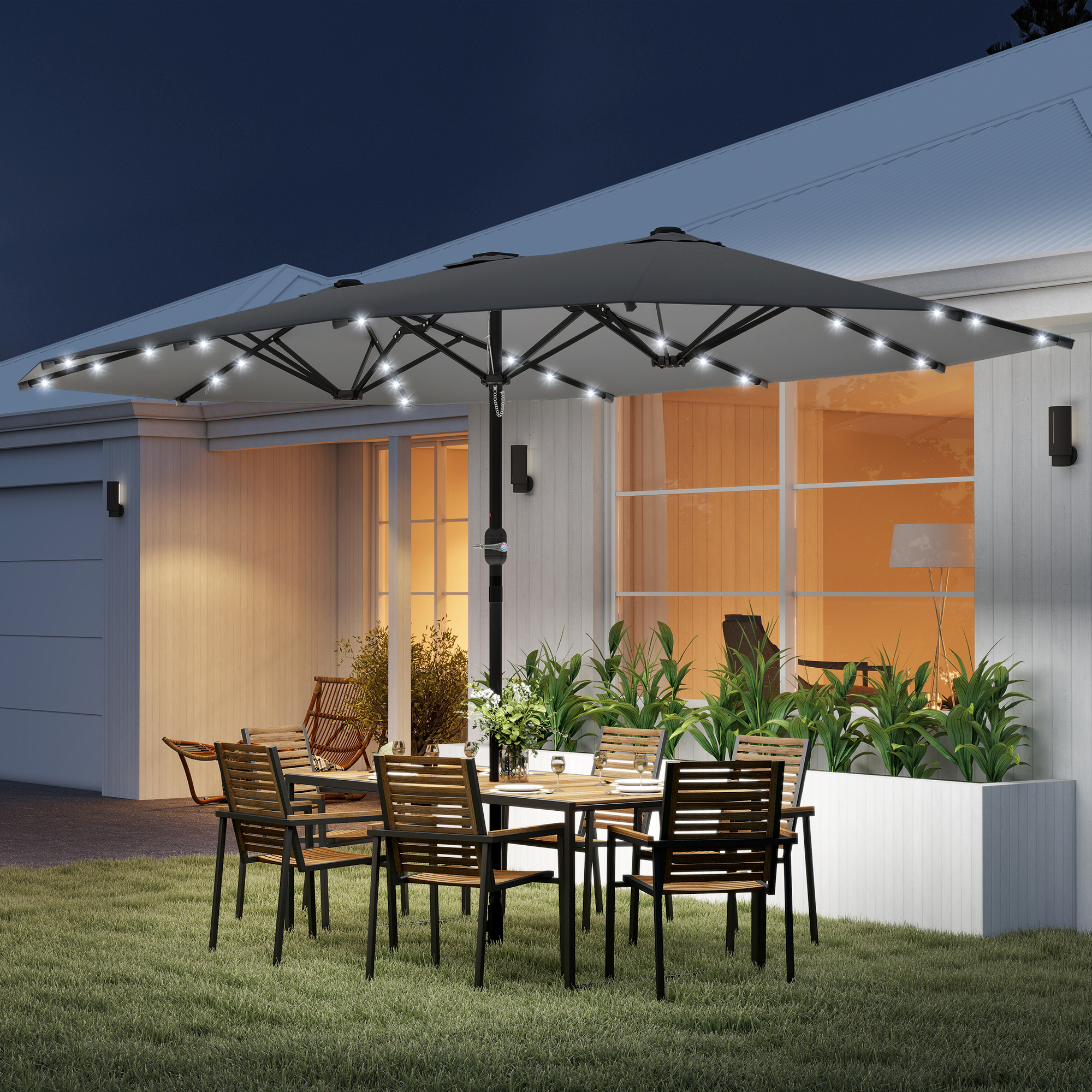 Outsunny 4.4m Double-Sided Sun Umbrella Patio Parasol LED Solar Lights Dark Grey 2