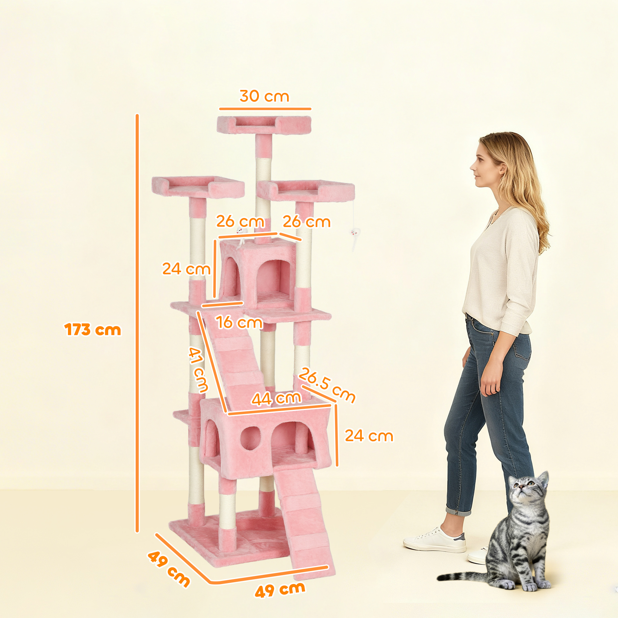 PawHut 173cm Cat Tree Scratching House, Activity Play Centre, Pink 3