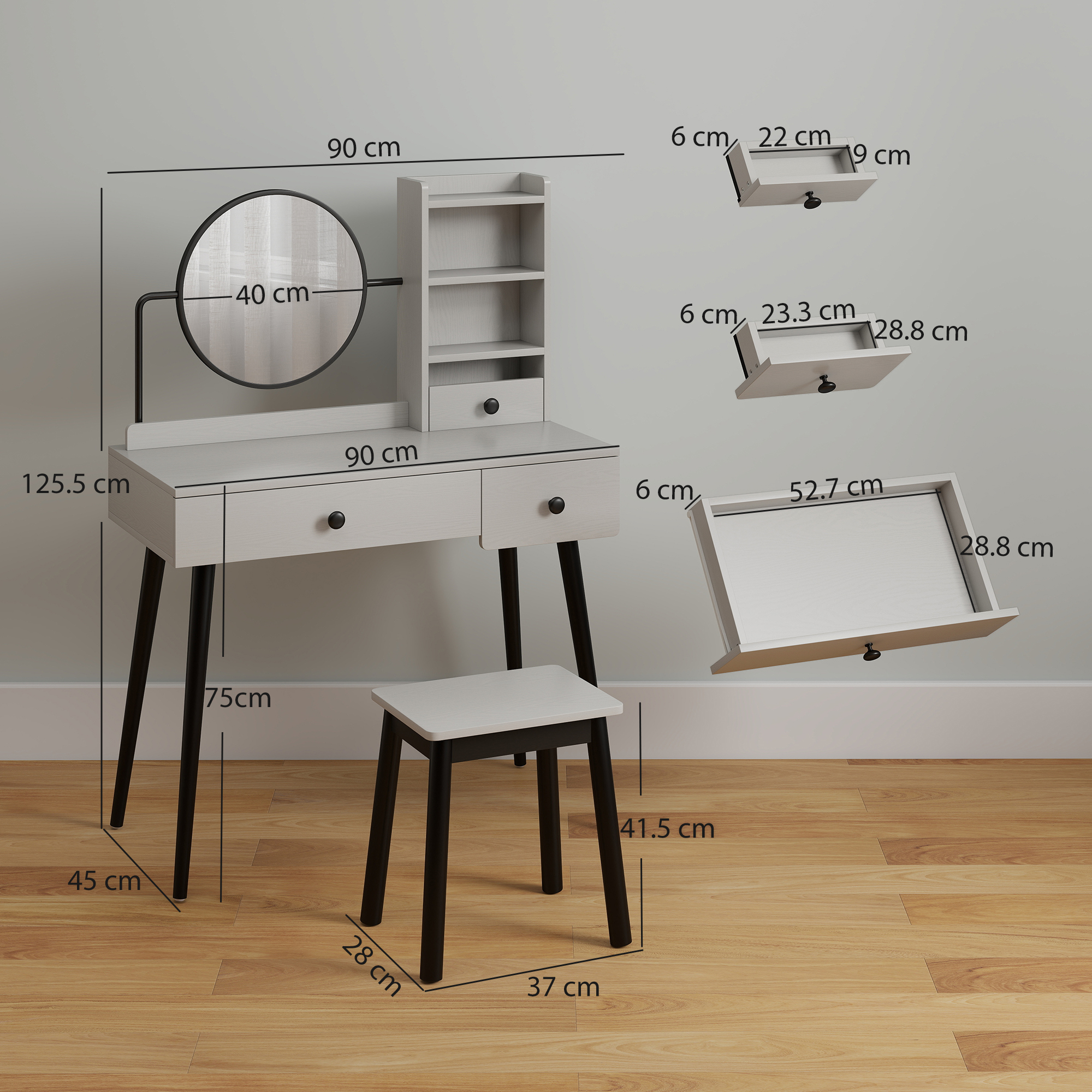 HOMCOM Dressing Table Set with Mirror and Stool, Vanity Makeup Table with 3 Drawers and Open Shelves for Bedroom, Living Room, Grey 3