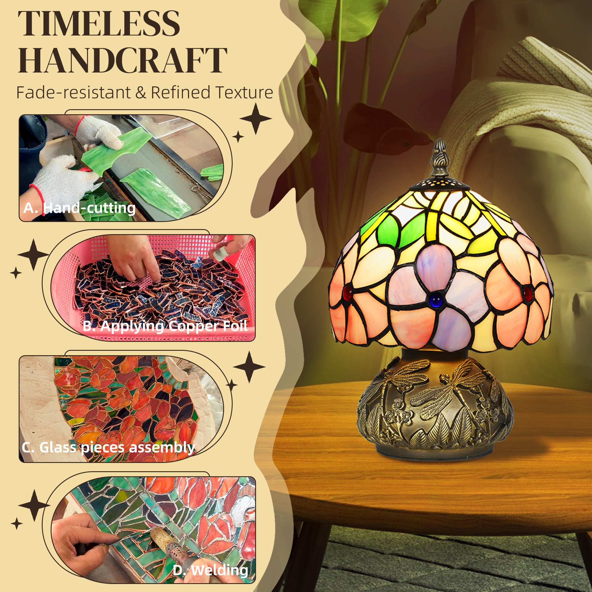 HOMCOM Tiffany-Style Table Lamp with Sculpted Dragonfly Base, Handcrafted Antique Stained Glass Bedside Lamp for Living Room and Bedroom, E27 Socket, Pink 5