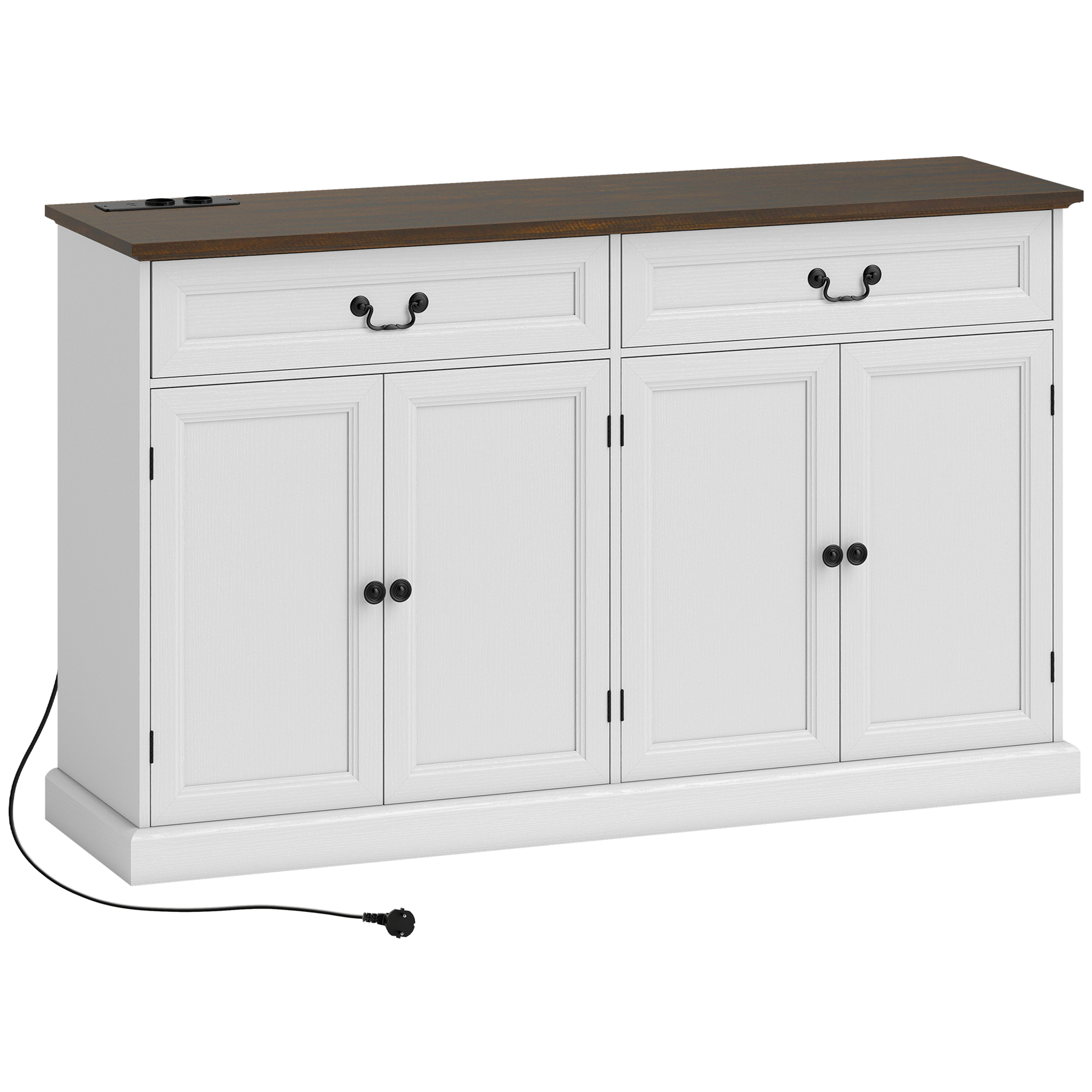 HOMCOM Wohnzimmer-Buffet, Aufbewahrungsmöbel mit 4 Türen, 2 geräuschlosen Schubladen, dicker Platte und verstellbaren Einlegeböden, rustikaler Stil, Buffet für Esszimmer und Küche, 140 x 40 x 85 cm, weiß und braun Aosom
