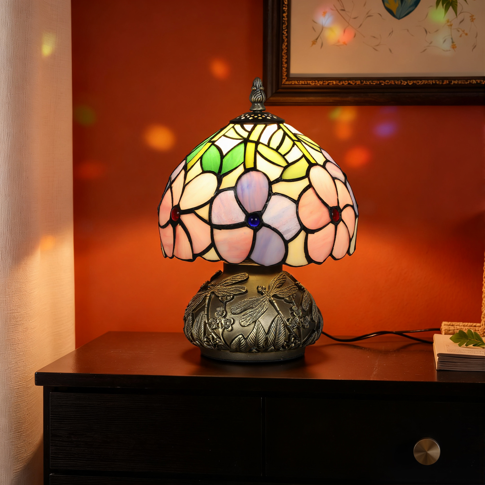 HOMCOM Tiffany-Style Table Lamp with Sculpted Dragonfly Base, Handcrafted Antique Stained Glass Bedside Lamp for Living Room and Bedroom, E27 Socket, Pink 2