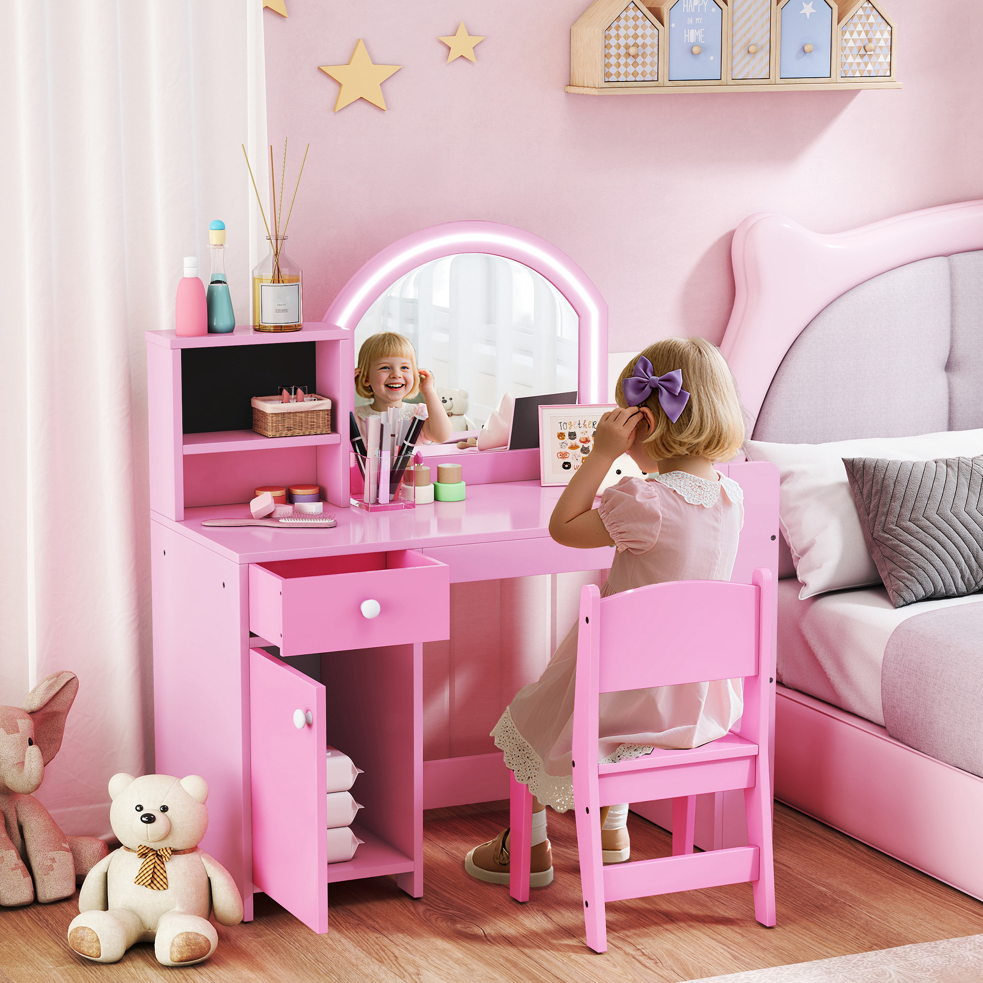 AIYAPLAY Kids Vanity Table and Chair Set, Girls Dressing Table with 2-Colour LED Mirror, Stool, Cabinet, Drawer, Shelves, Pink 2