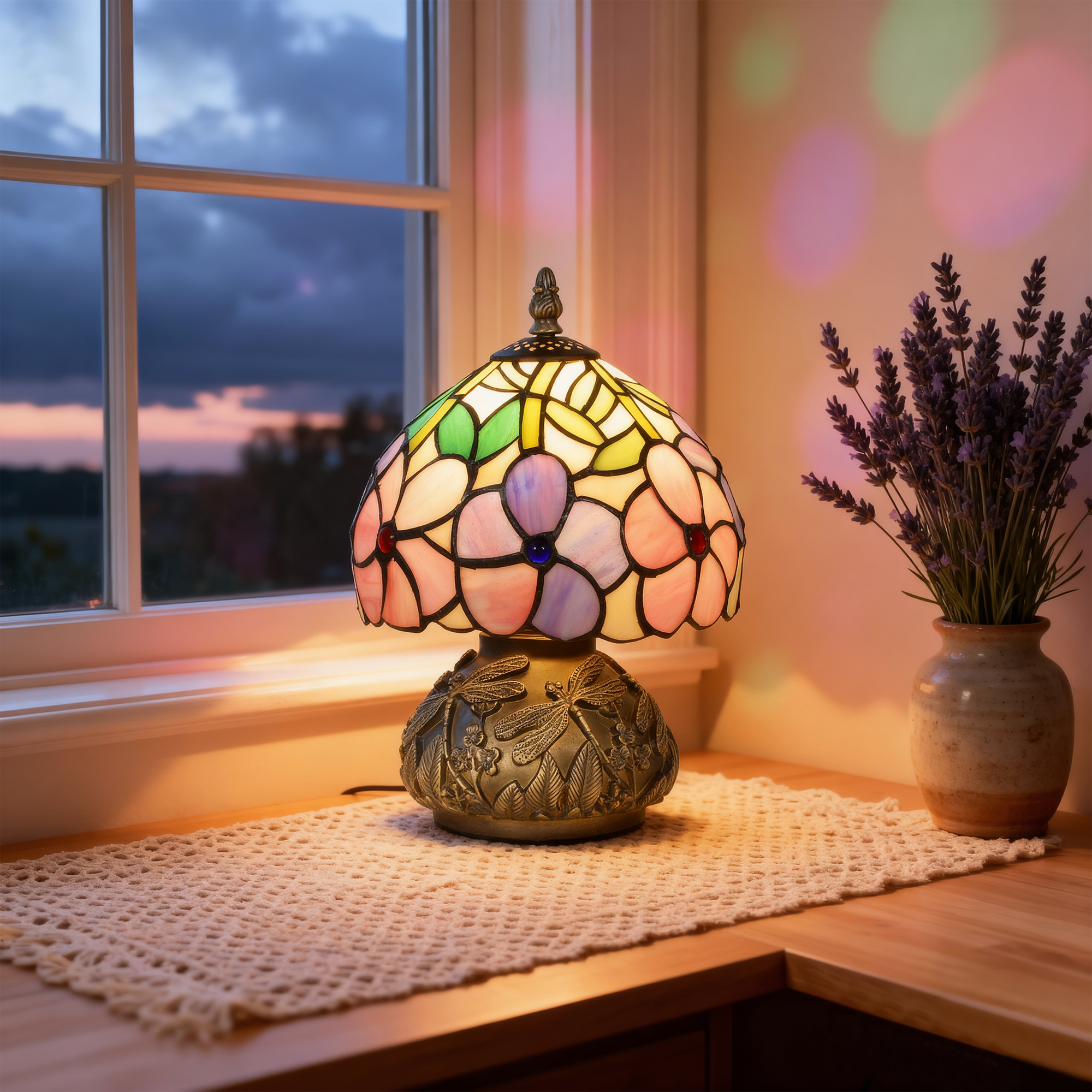 HOMCOM Tiffany-Style Table Lamp with Sculpted Dragonfly Base, Handcrafted Antique Stained Glass Bedside Lamp for Living Room and Bedroom, E27 Socket, Pink 8
