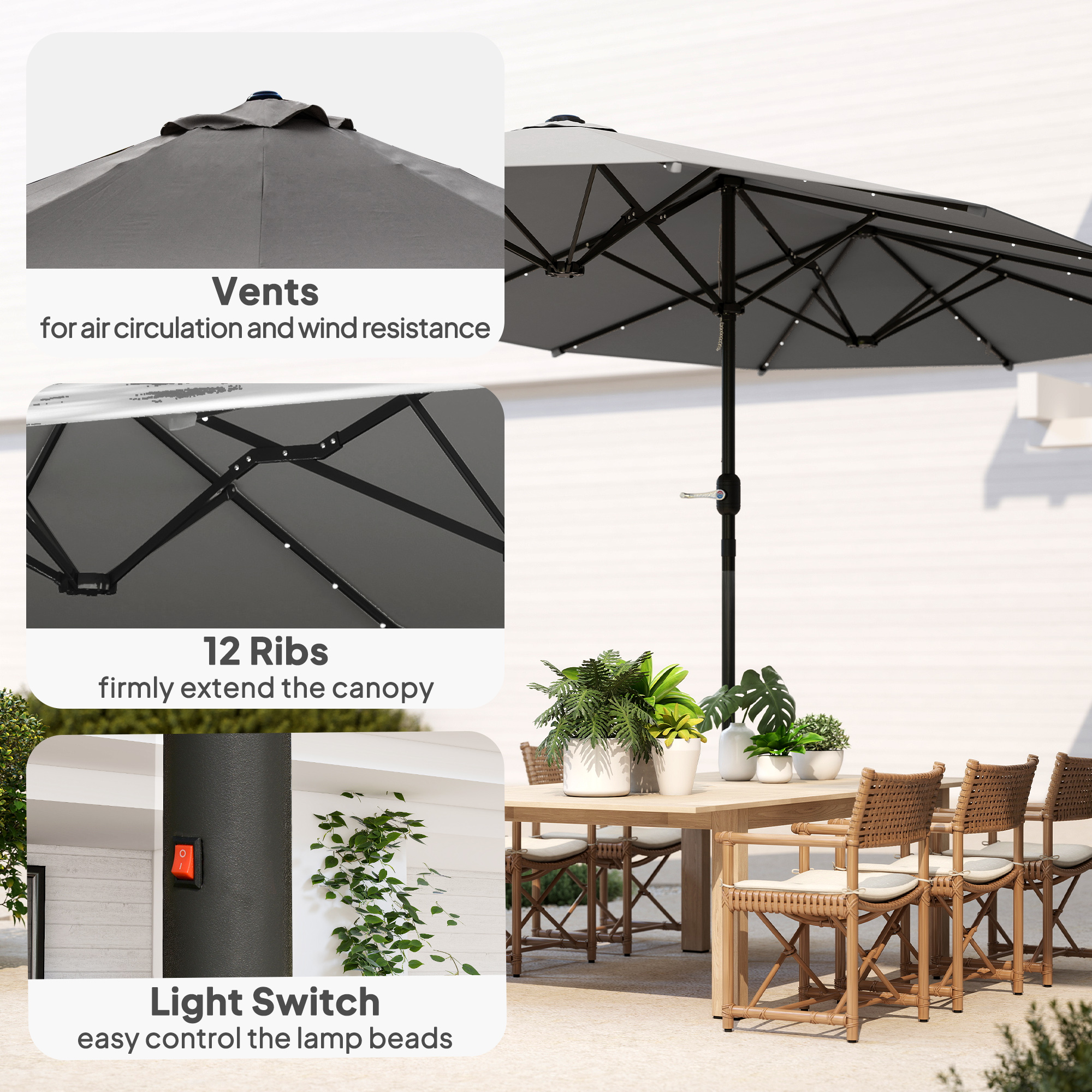 Outsunny 4.4m Double-Sided Sun Umbrella Patio Parasol LED Solar Lights Dark Grey 5
