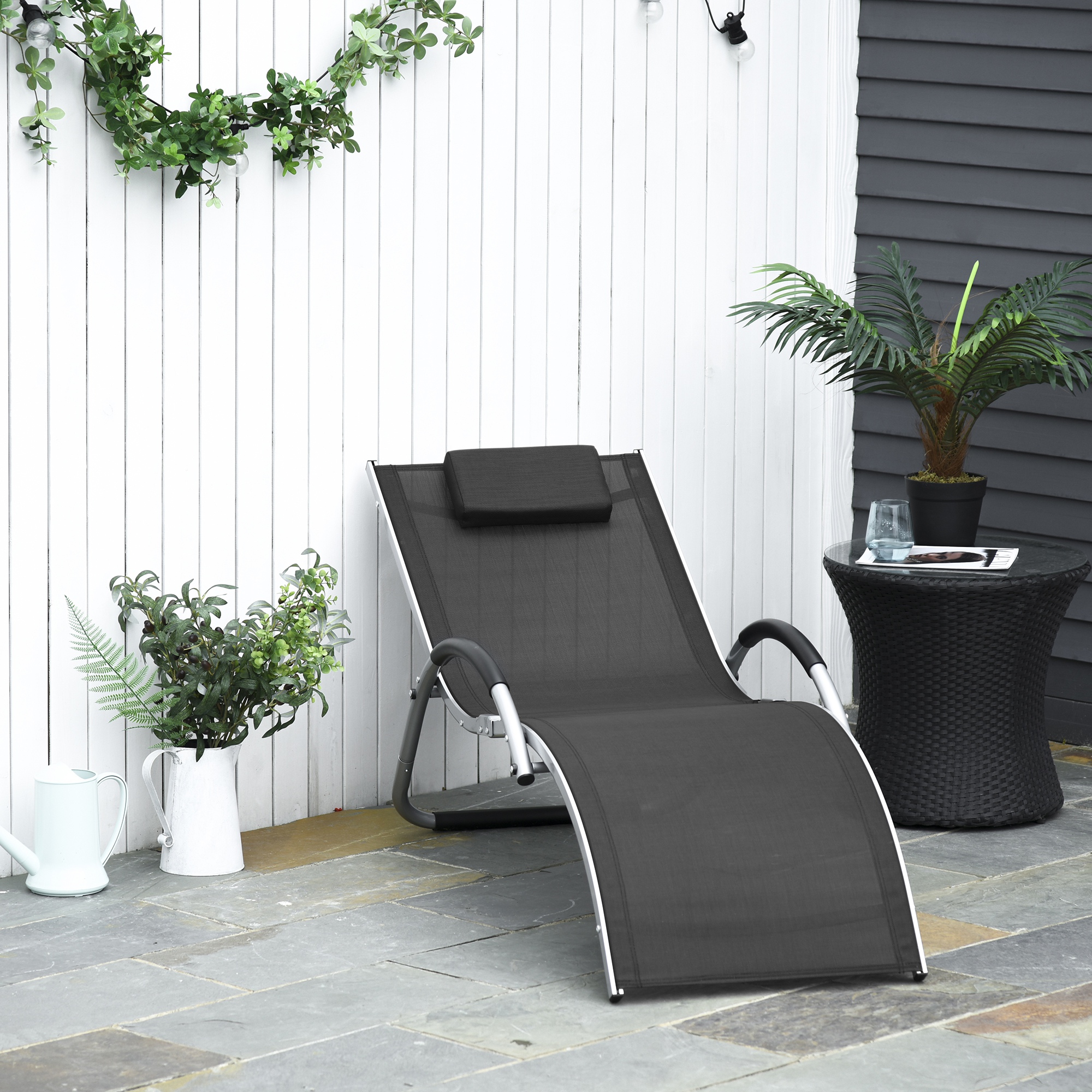 Outsunny Sun Lounger Reclining Chair Portable Armchair with Pillow for Garden Patio Outside Aluminium Frame, Black 2