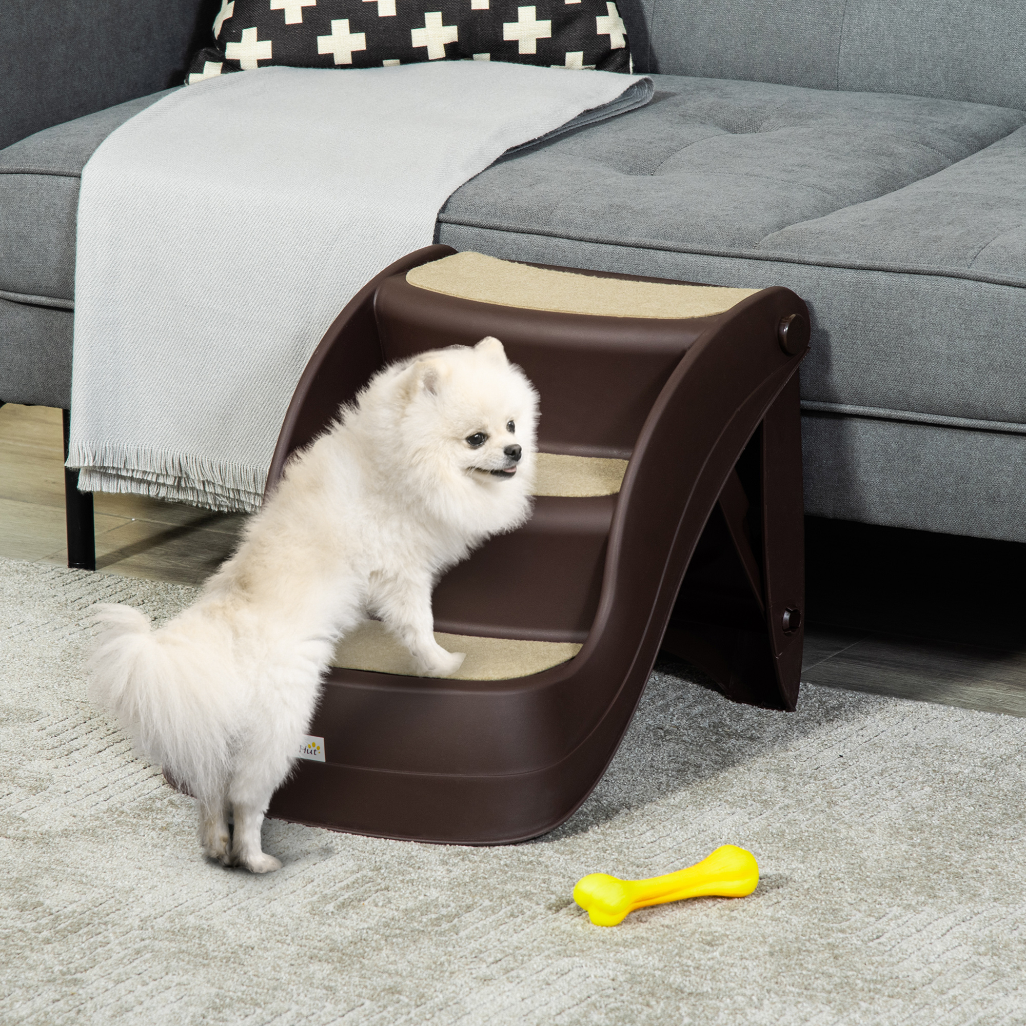 PawHut Foldable Dog Steps, Portable Dog Stairs 3-Step for High Beds, Sofas, Pet Stairs with Non-slip Mats for Small and Miniature Breeds, 49 x 38 x 38 cm, Brown 2