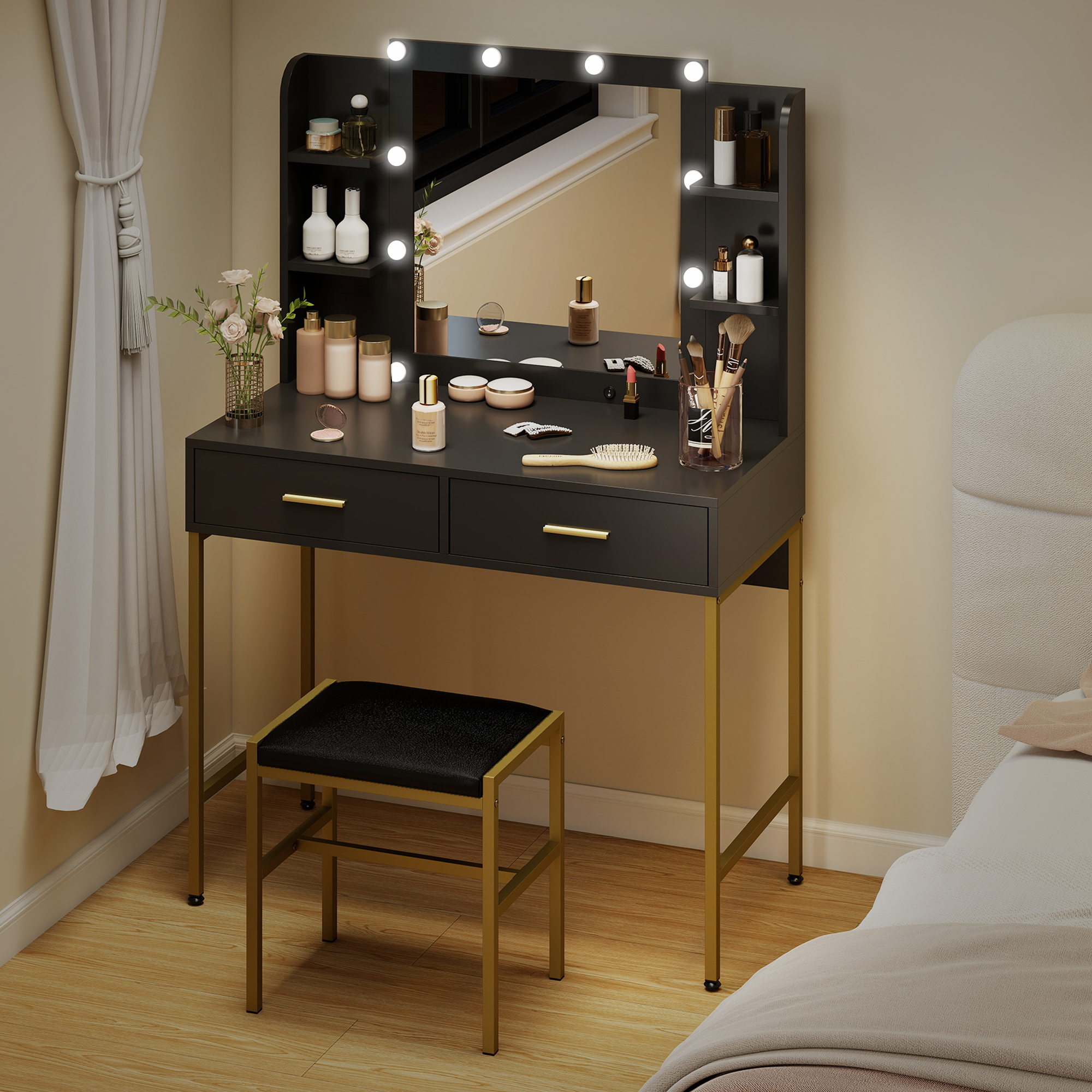 HOMCOM Dressing Table Set, with Storage and Stool Black 7