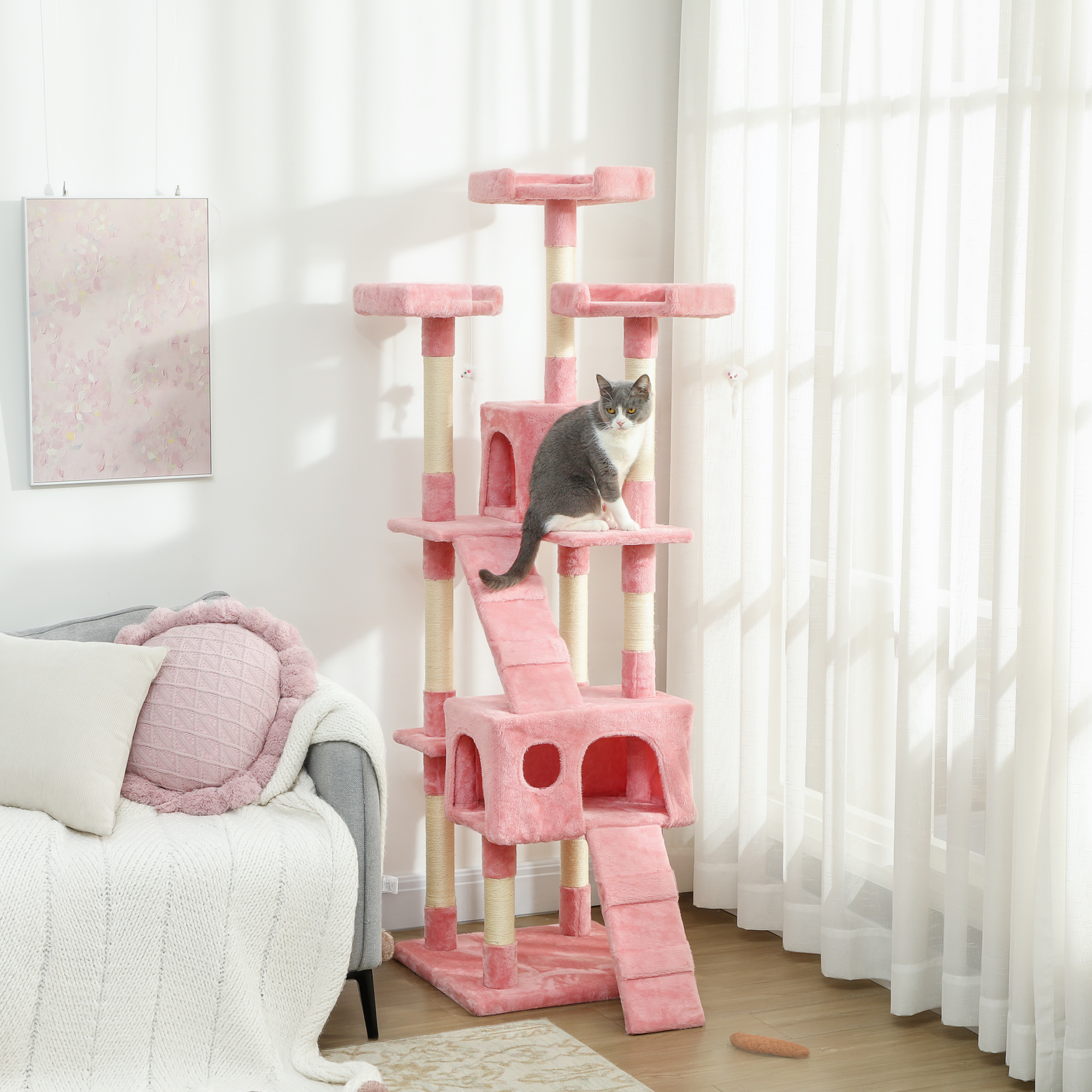 PawHut 173cm Cat Tree Scratching House, Activity Play Centre, Pink 2