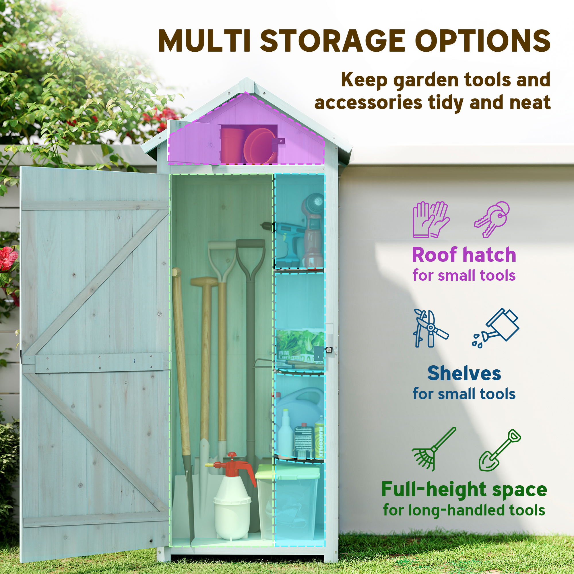 Outsunny Garden Shed Vertical Utility 3 Shelves Shed Wood Outdoor Garden Tool Storage Unit Storage Cabinet, 77 x 54.2 x 179cm Blue 4