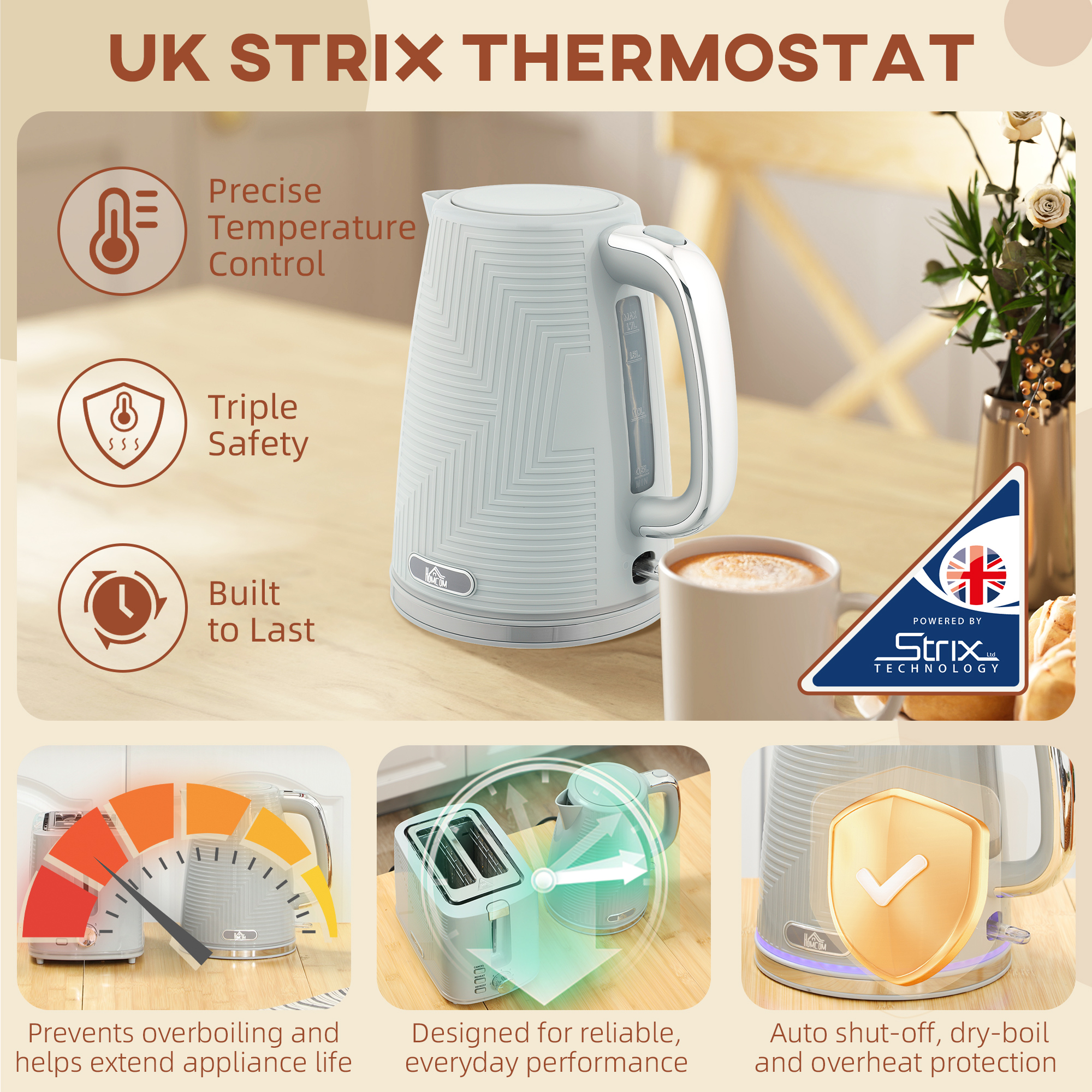 HOMCOM Modern Kettle and Toaster Set Grey 5