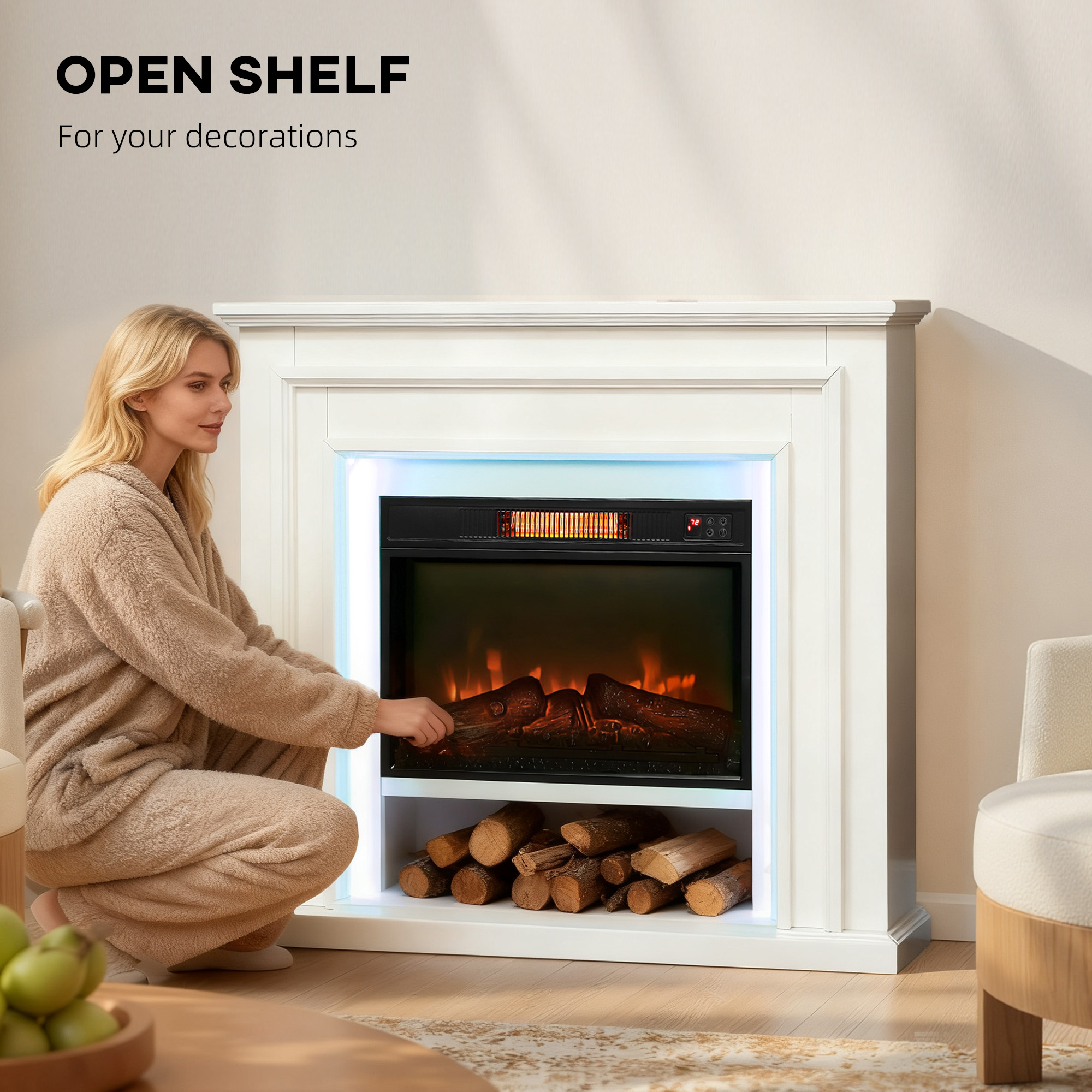 HOMCOM Electric Fireplace with RGB LED Lights, Realistic Flame Effect & 3 Brightness Levels, 1800W Inset Electric Fire and Mantel Reach up to 30 m² Space with Remote & Timer for Living Room, White 5