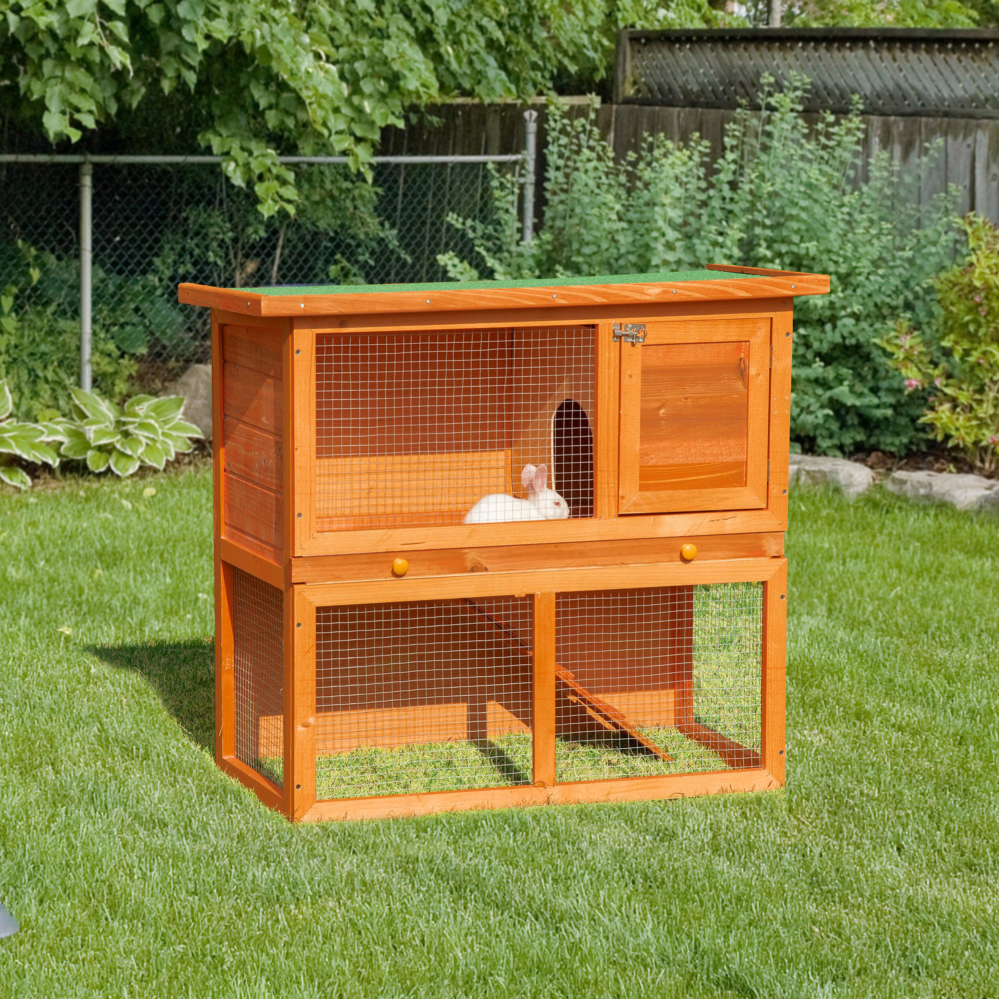 PawHut Two-Tier Rabbit Hutch, Wooden Outdoor Pet Cage, with Opening Top 2