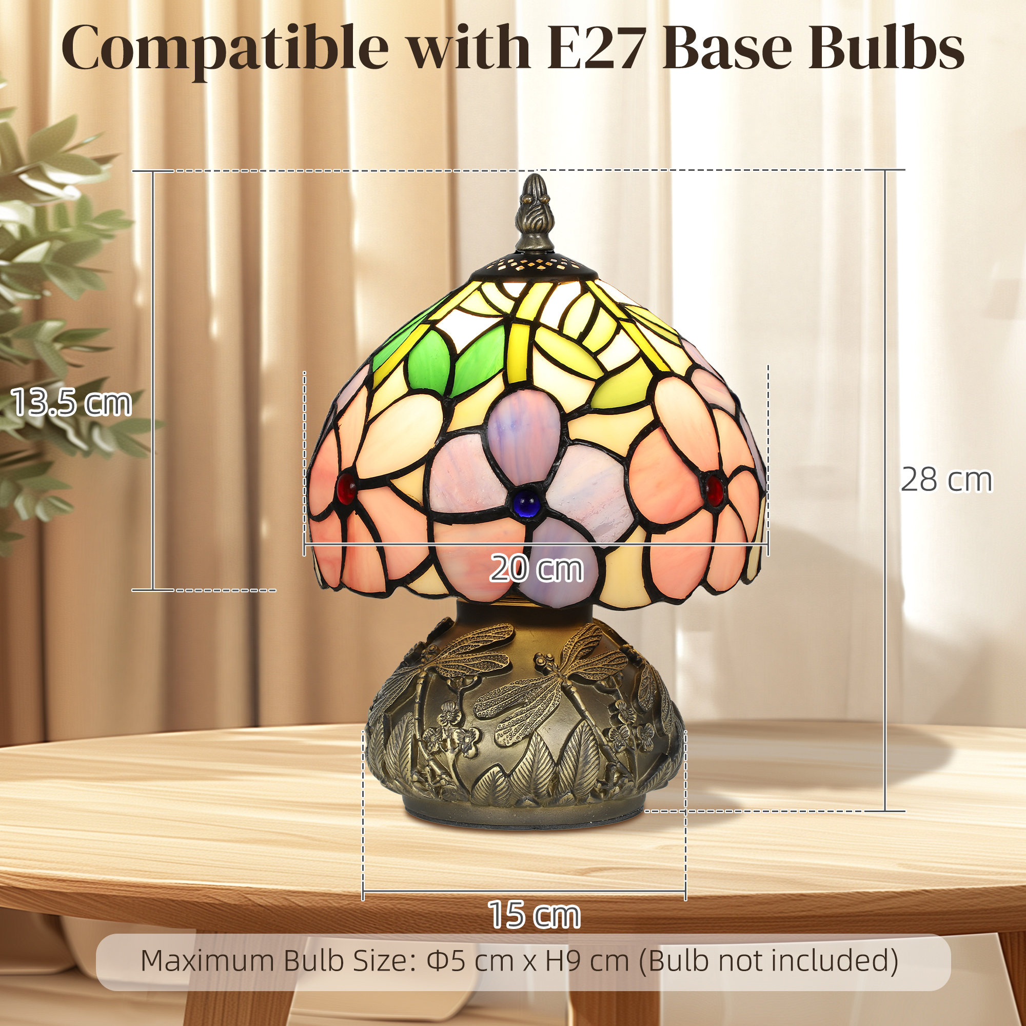 HOMCOM Tiffany-Style Table Lamp with Sculpted Dragonfly Base, Handcrafted Antique Stained Glass Bedside Lamp for Living Room and Bedroom, E27 Socket, Pink 3